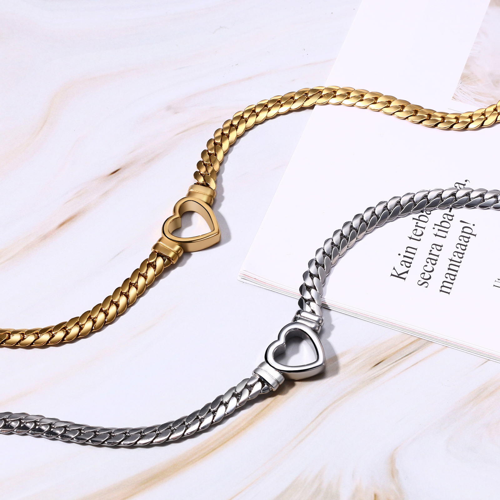 Women’s Girls Chunky Flat Cuban Link Chain Necklace Stainless Steel Heart Choker
