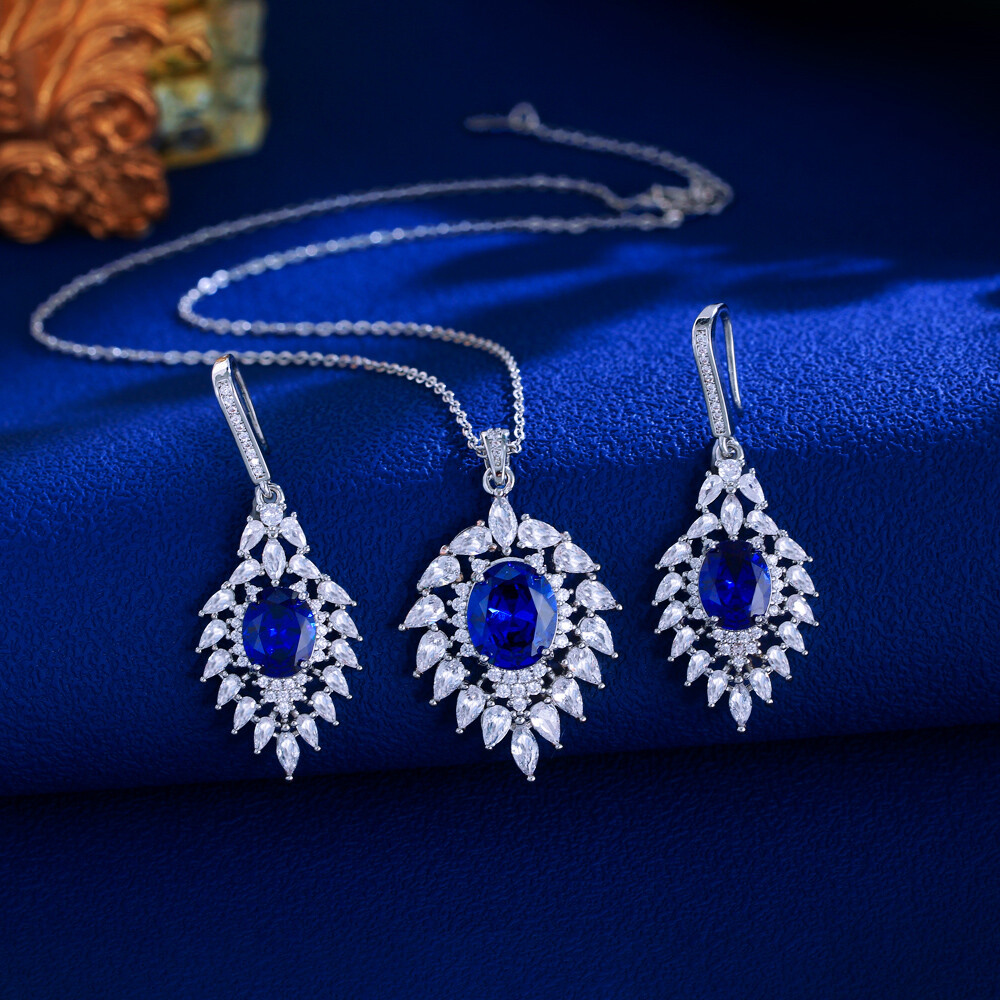 Women Blue Pendant Necklace and Drop Earrings Silver Plated Zirconia Jewelry Set