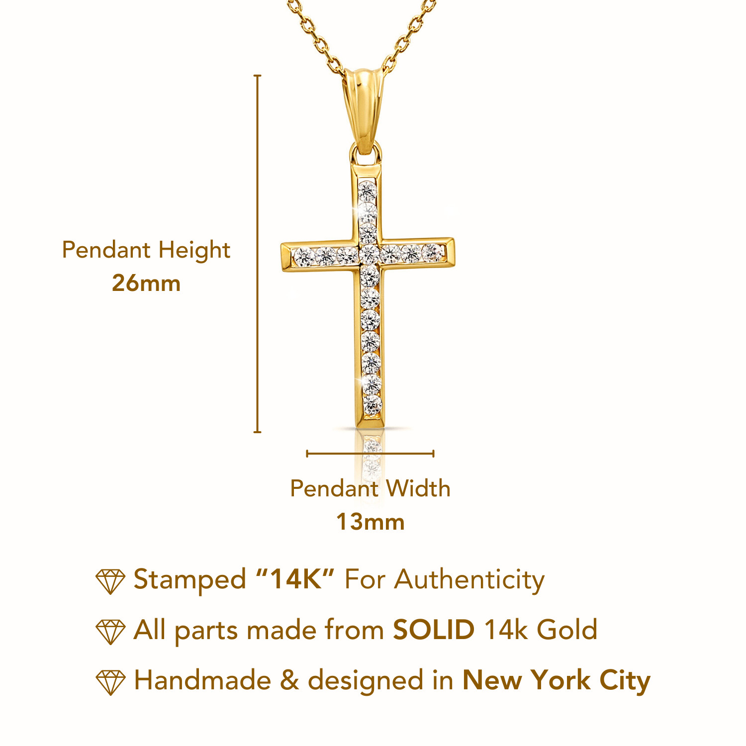 14K Real Solid Yellow Gold Dainty Cross Christian CZ Pendant Charm Necklace 18in