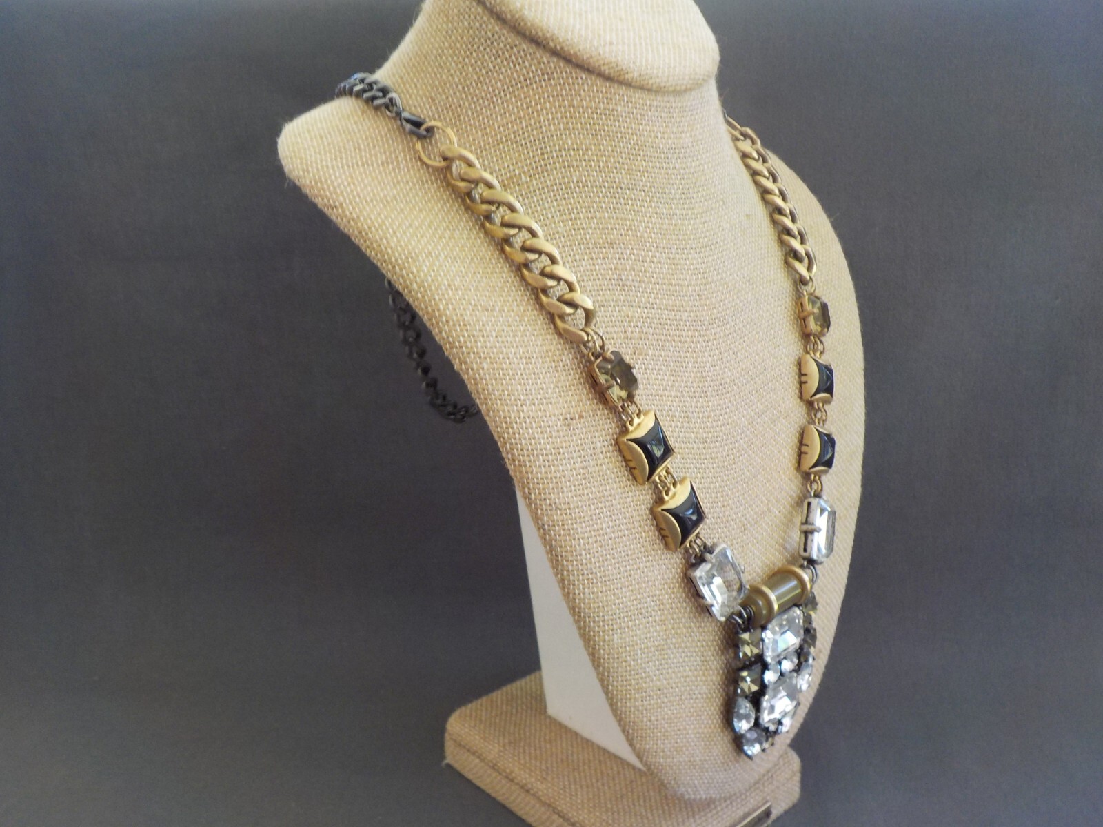 Square Teardrop Clear Black Green Glass Plastic Necklace Gold Black Tone Metal