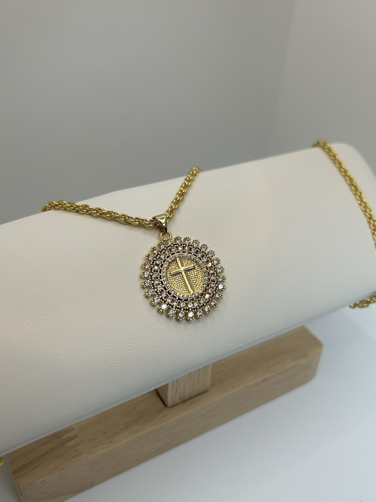 9ct GF Round Medallion Cross Pendant Necklace – 55cm (22”) 9K Gold Filled CZ