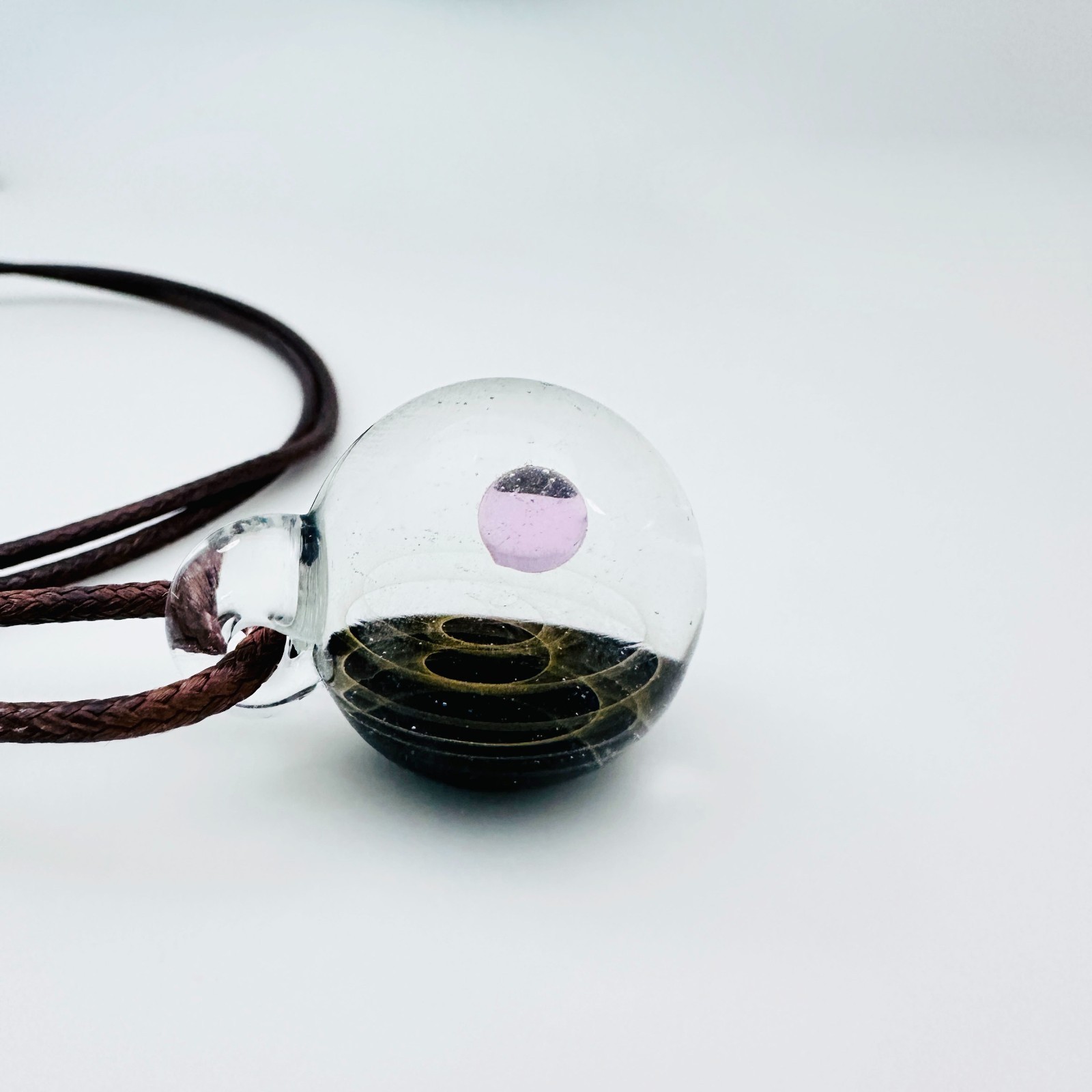 Galaxy Cosmic Sphere Glass Lampwork Pendant w/Long Brown Cord Necklace