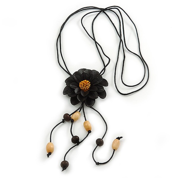 Black Leather Daisy Pendant with Long Cotton Cord – 80cm L – Adjustable