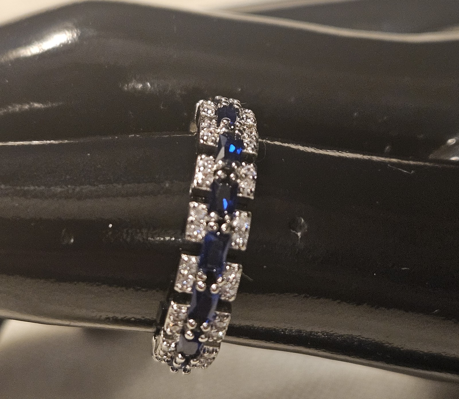 Silver Tone Ring with Blue and White Synthetic Zircon Stones, Size 8