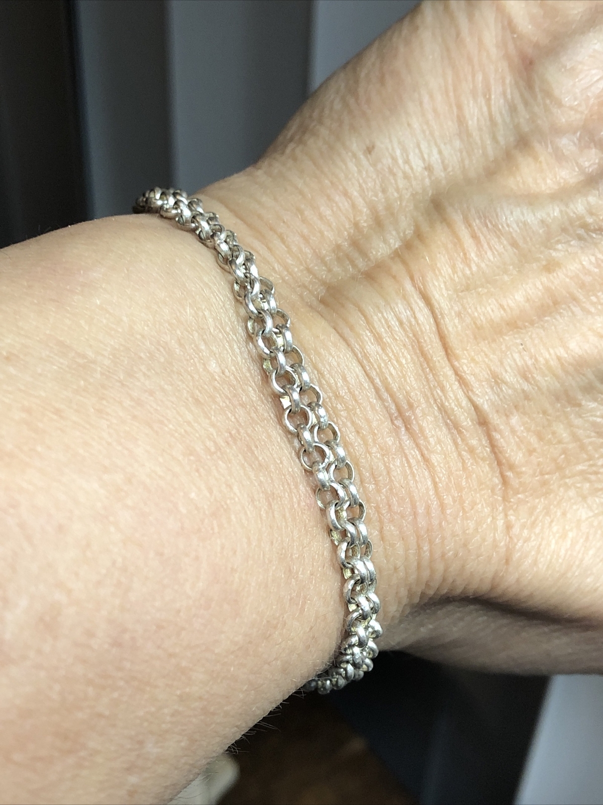 925 Sterling Silver Double row Rolo chain CZ Crystal Toggle clasp Bracelet 11.3g