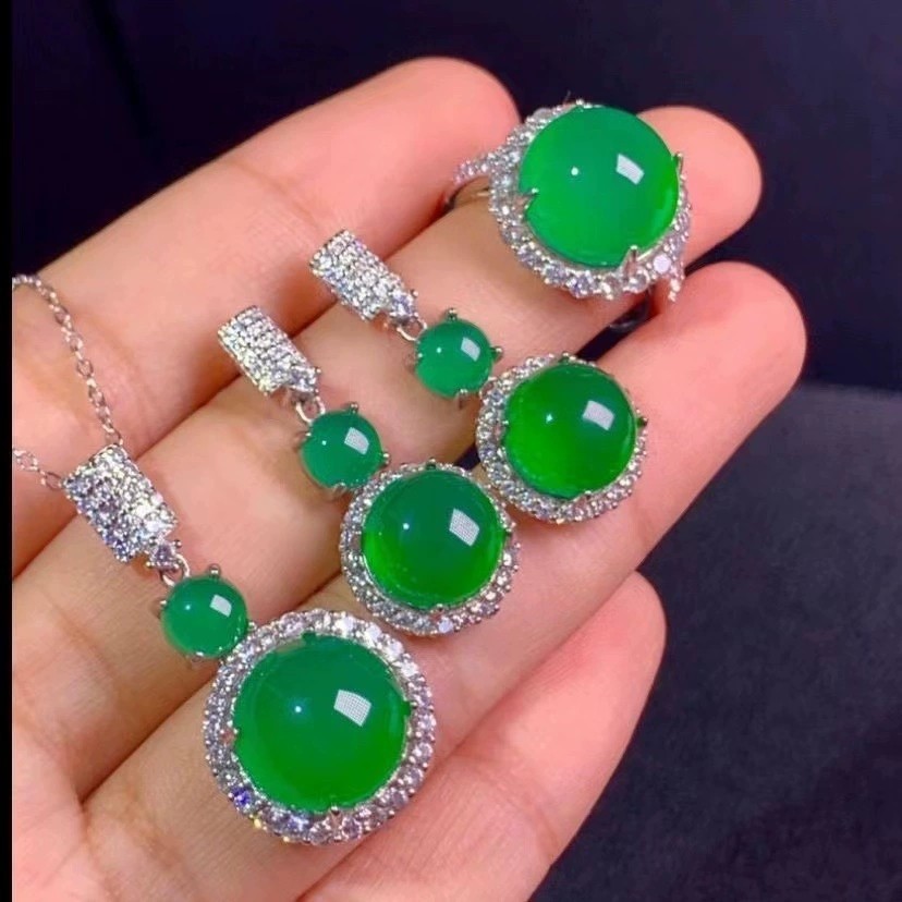 3pcs set Egg Shaped Imitation Jade&CZ Inlay Silver Plated Necklace Earrings Ring