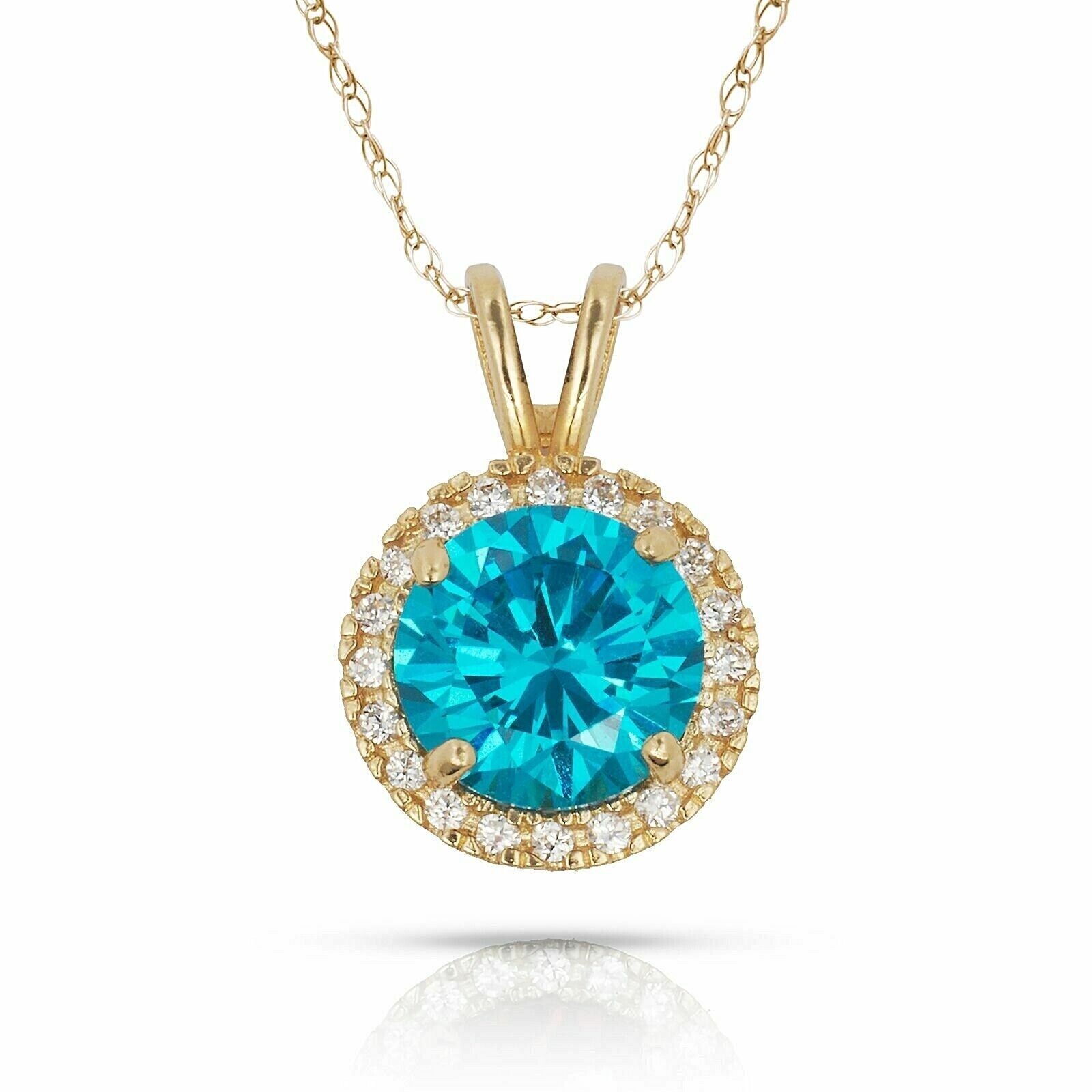 Solid 14k Yellow Gold Round Halo December Blue Zircon Birthstone CZ Pendant