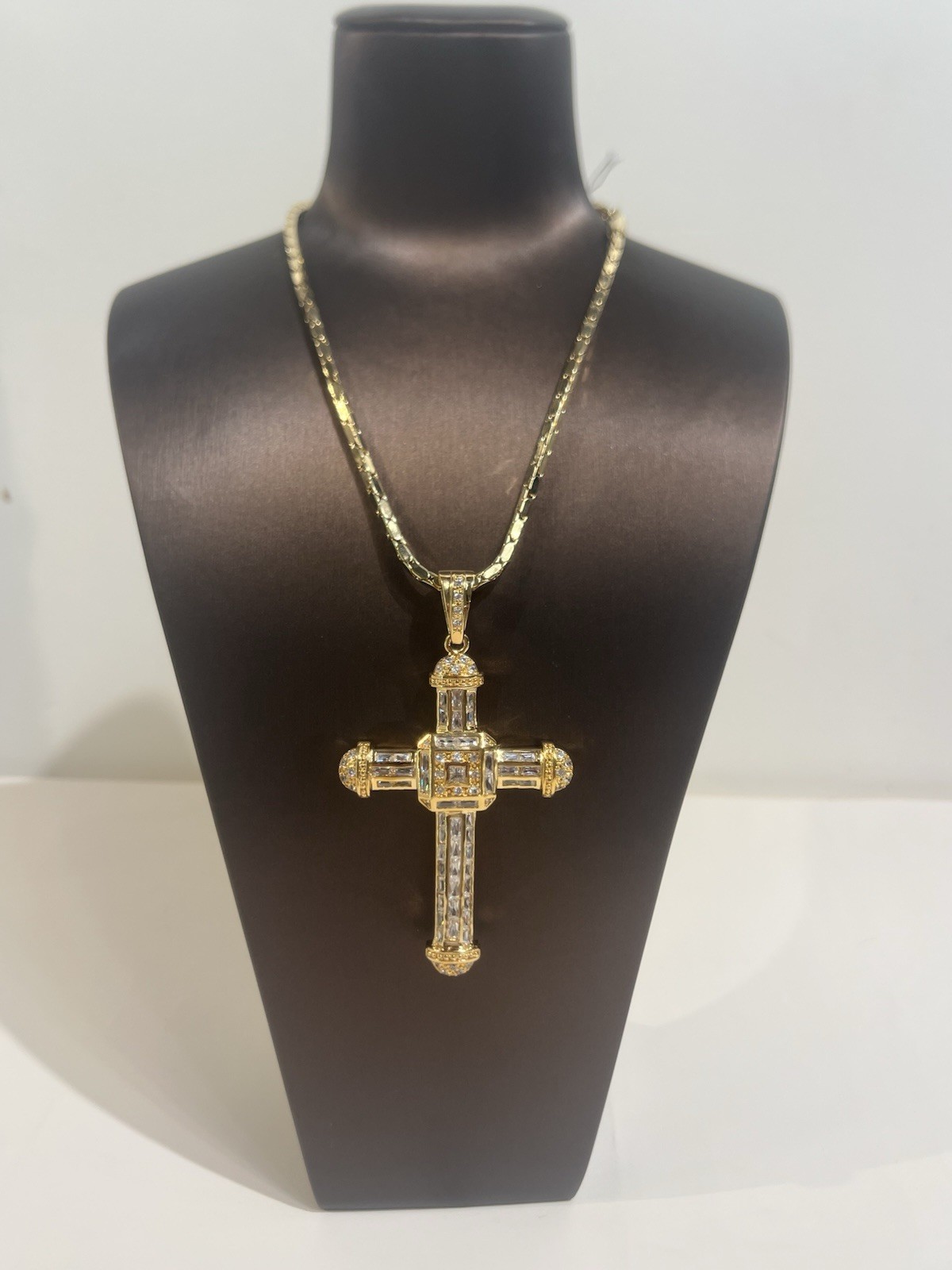 Gold Plated, Cross, Necklace, Baguette, And Round Cd Stones Pendant Unisex
