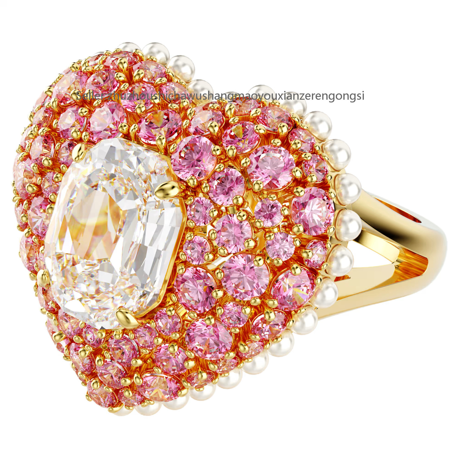 Idyllia Gold Tone Plated Cocktail Ring Heart Octagon Cut Crystal Pearls New