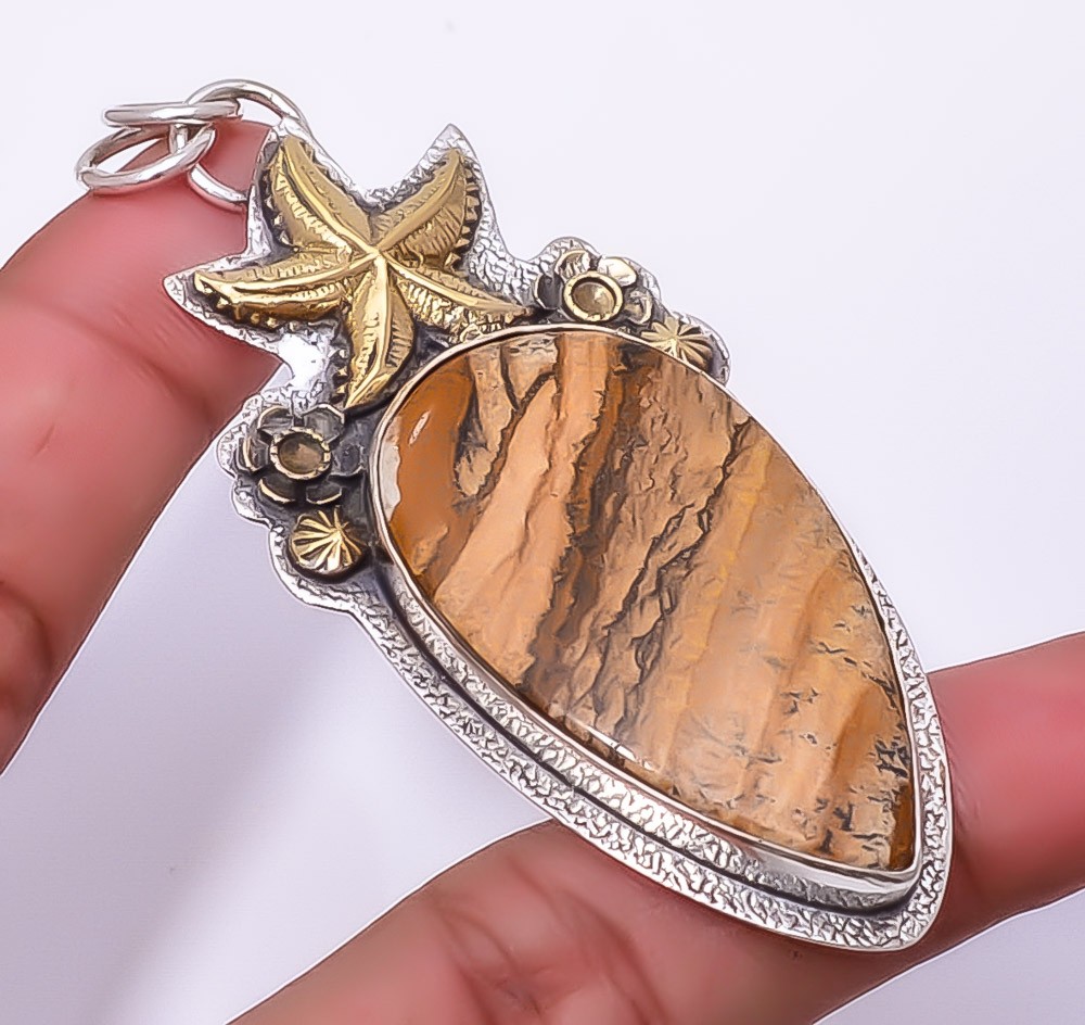 Picture Jasper 925 Sterling Silver Star Fish Pendant 2.93″ P861831, Christmas
