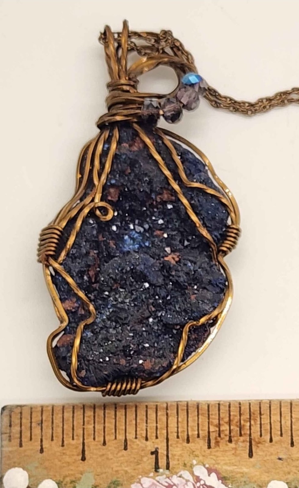 Wire Wrapped Natural Blue Azurite Pendant Necklace w/ Crystal Accent Chain