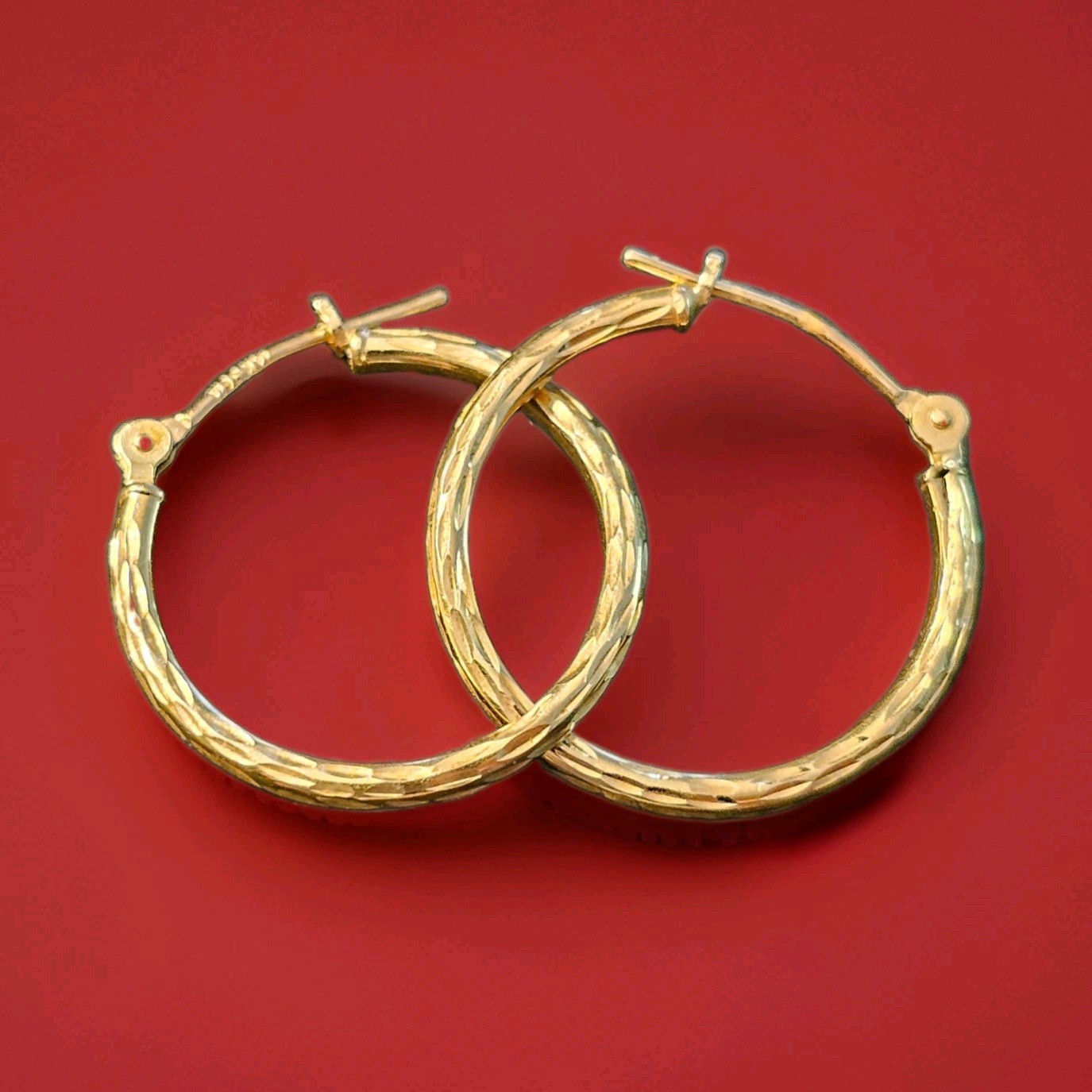 14K Yellow Gold Textured Hoop Earrings | Lightweight 18mm Hoops | 0.66 Grams