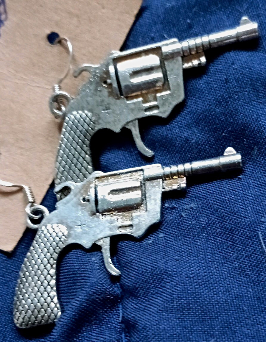 Silver Tone Revolver Gun Dangle/Drop Hook Earrings Western Theme