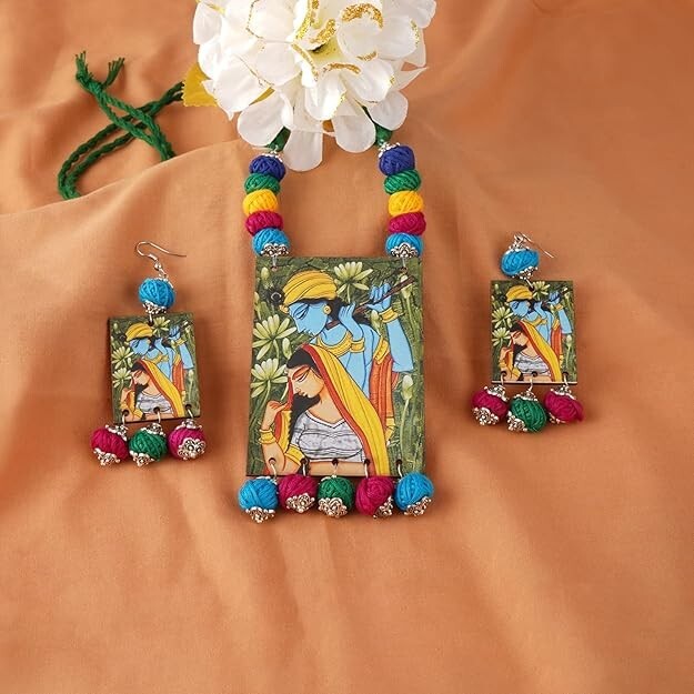 Handmade Warli Art Pendant Necklace Earrings Set Boho Tribal Jewelry Gift