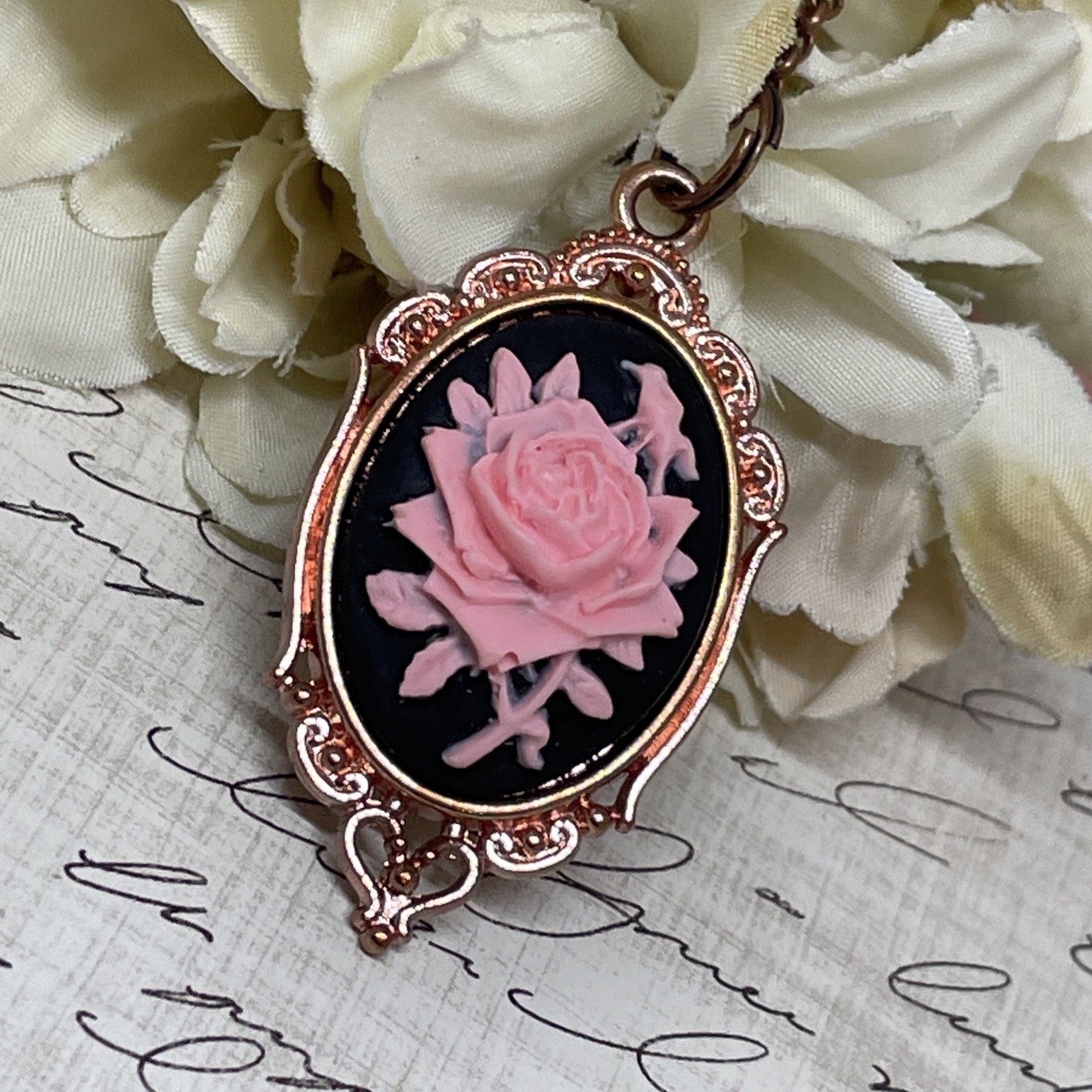 Gothic Steampunk Halloween Rose Gold Necklace Black Pink Rose Cameo Jewelry