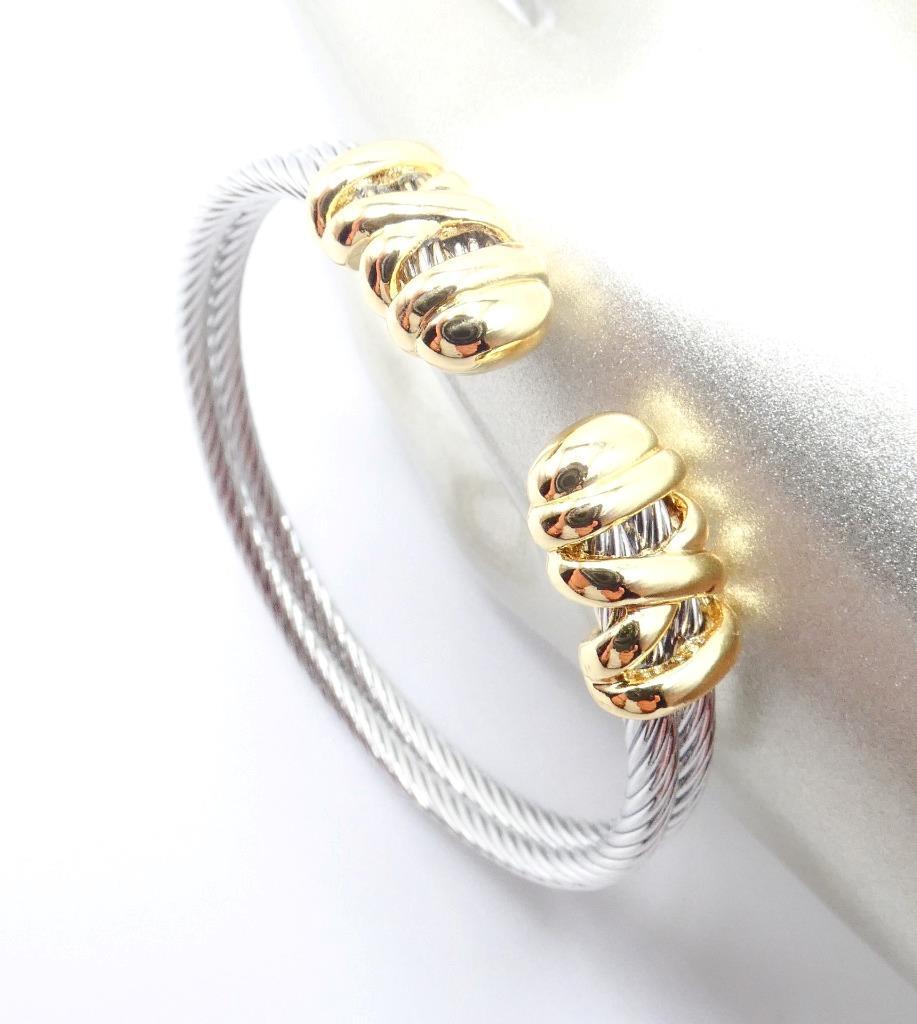 LUXURIOUS 18kt Gold Plated Crisscross X End Tips Double Cable Cuff Bracelet