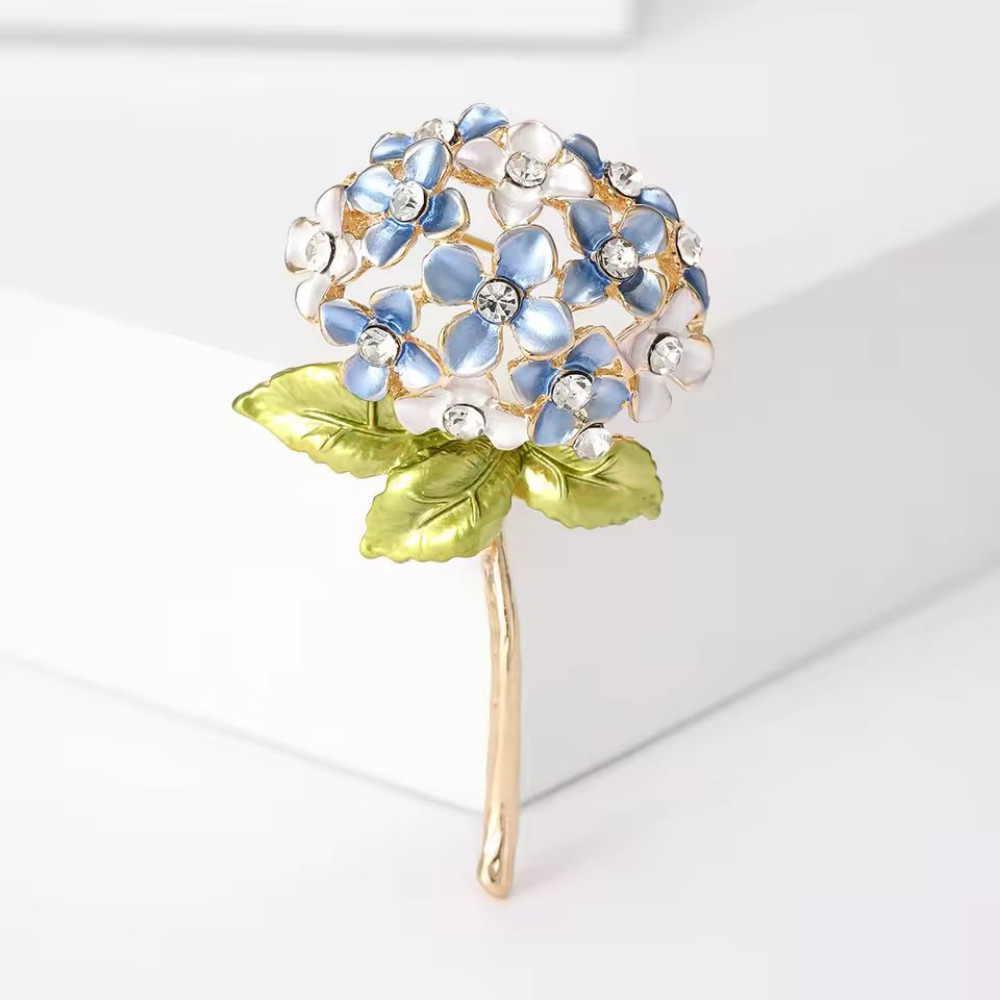 Enamel Hydrangea Flower Bouquet Brooch Crystal Floral Pin Gold Statement Jewelry