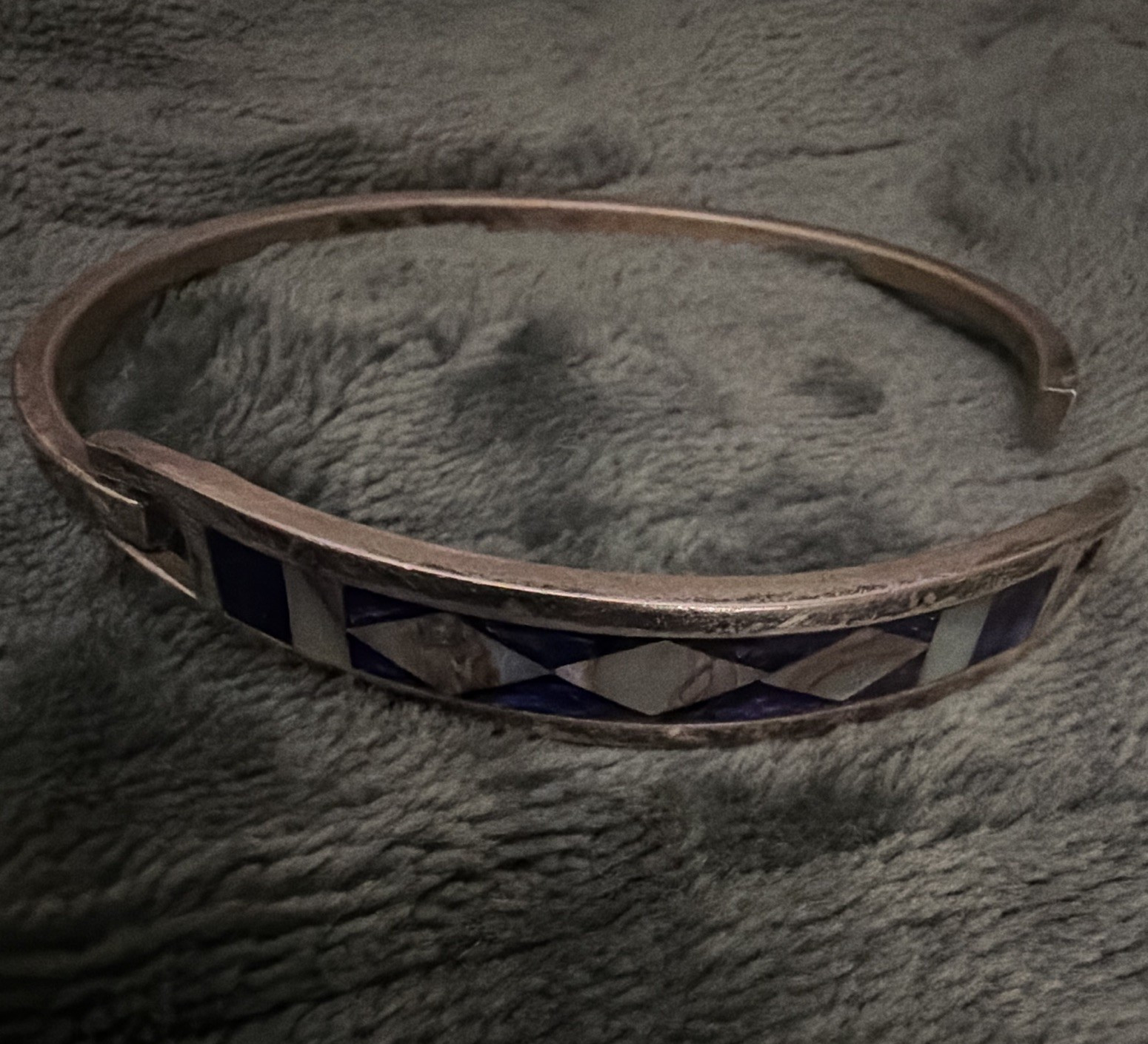 Silver Shell Inlay Cuff Bangle Bracelet, Blue & White Geometric