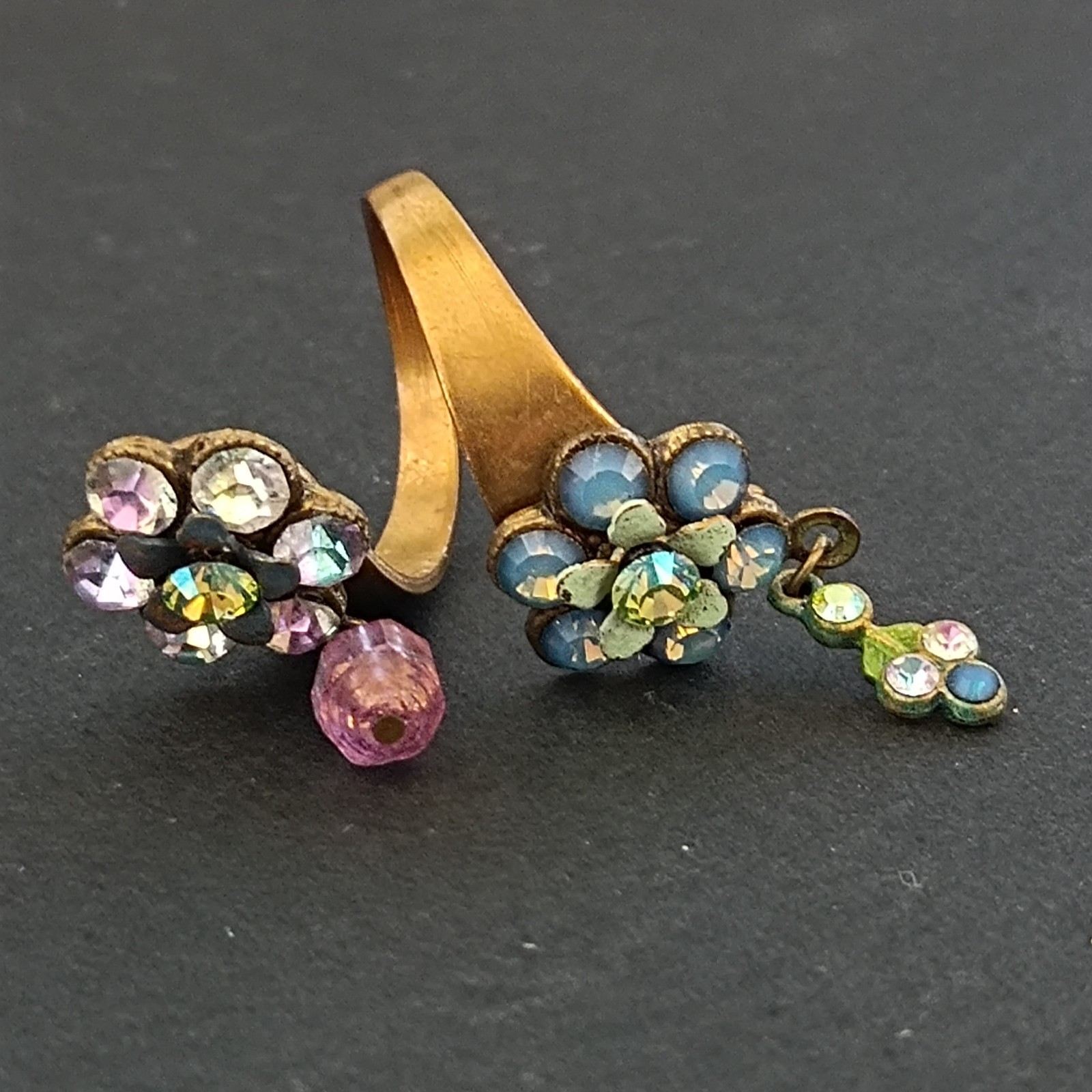Michal Negrin Split Shank Floral Ring Romantic Boho Crystal Charm Statement VTG