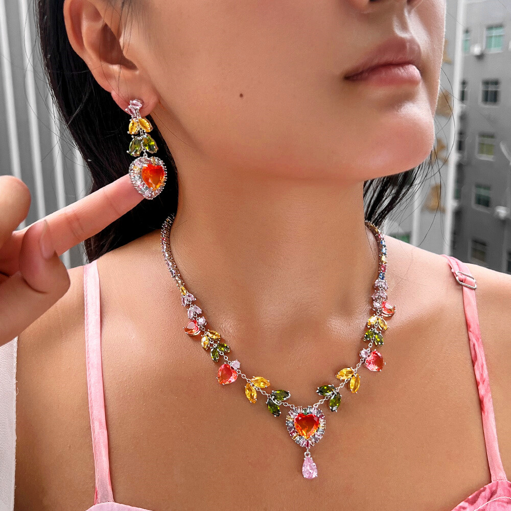 Silver Plated CZ Multicolor Leaf Heart Necklace Earrings Lover Party Jewelry Set