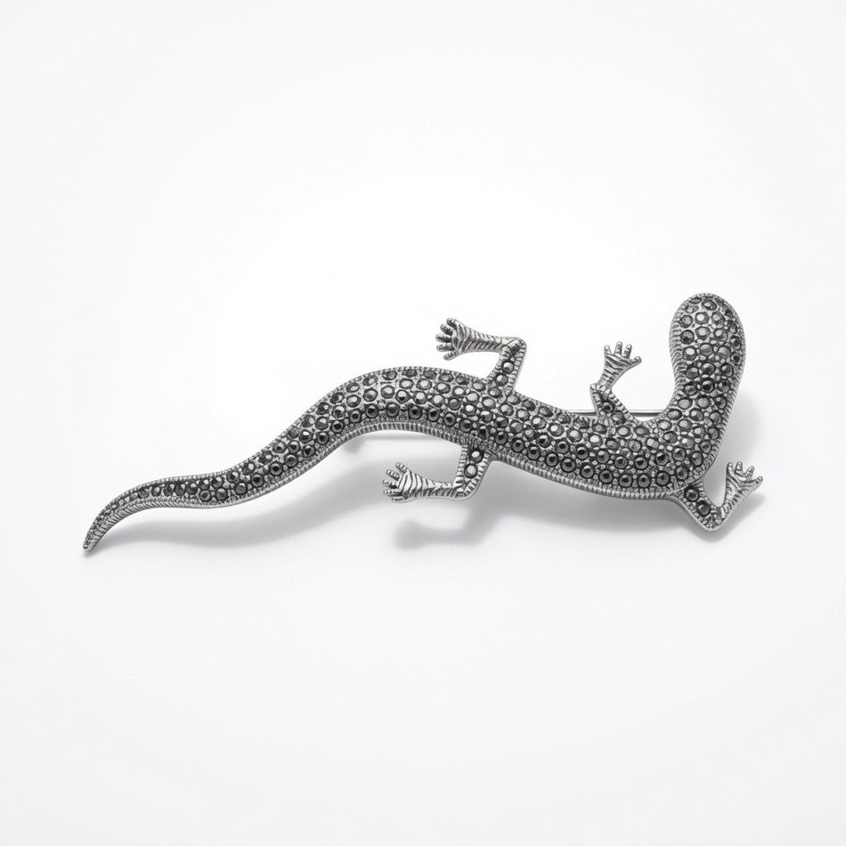 925 Sterling Silver Marcasite Lizard Gecko Brooch Pin