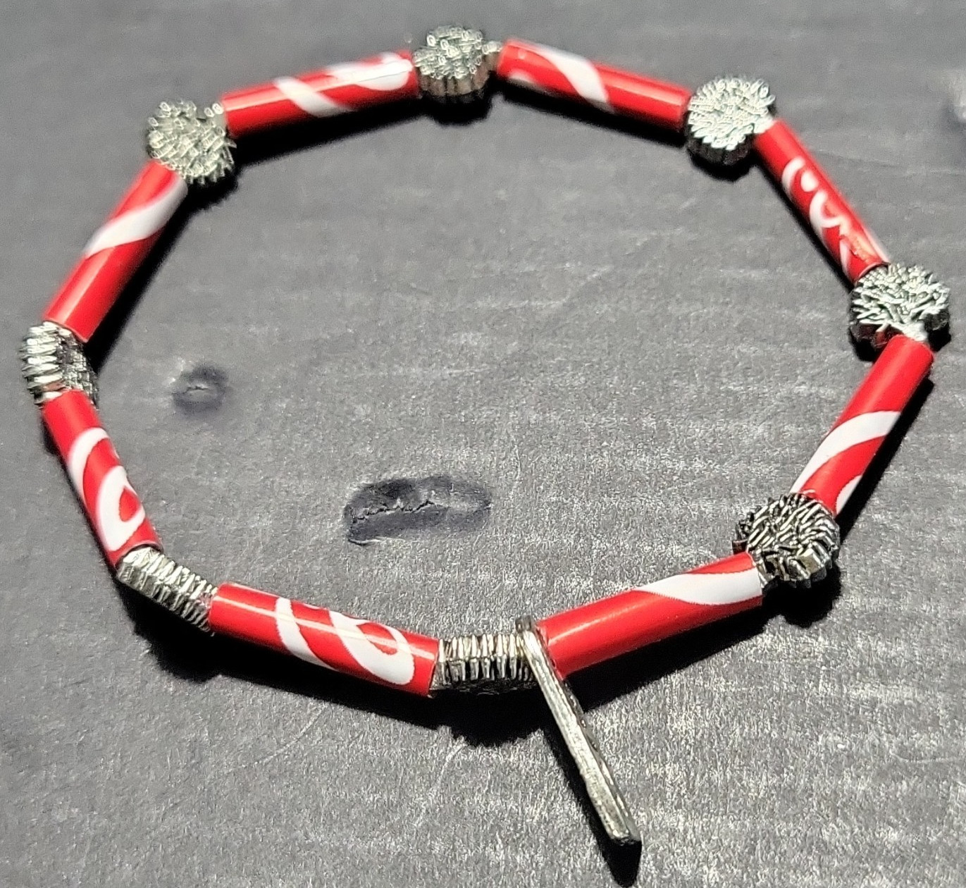 Set Of 3 Coca-Cola Bracelets, Vinyl “beads”, Silver Tree Spacers, Mitz