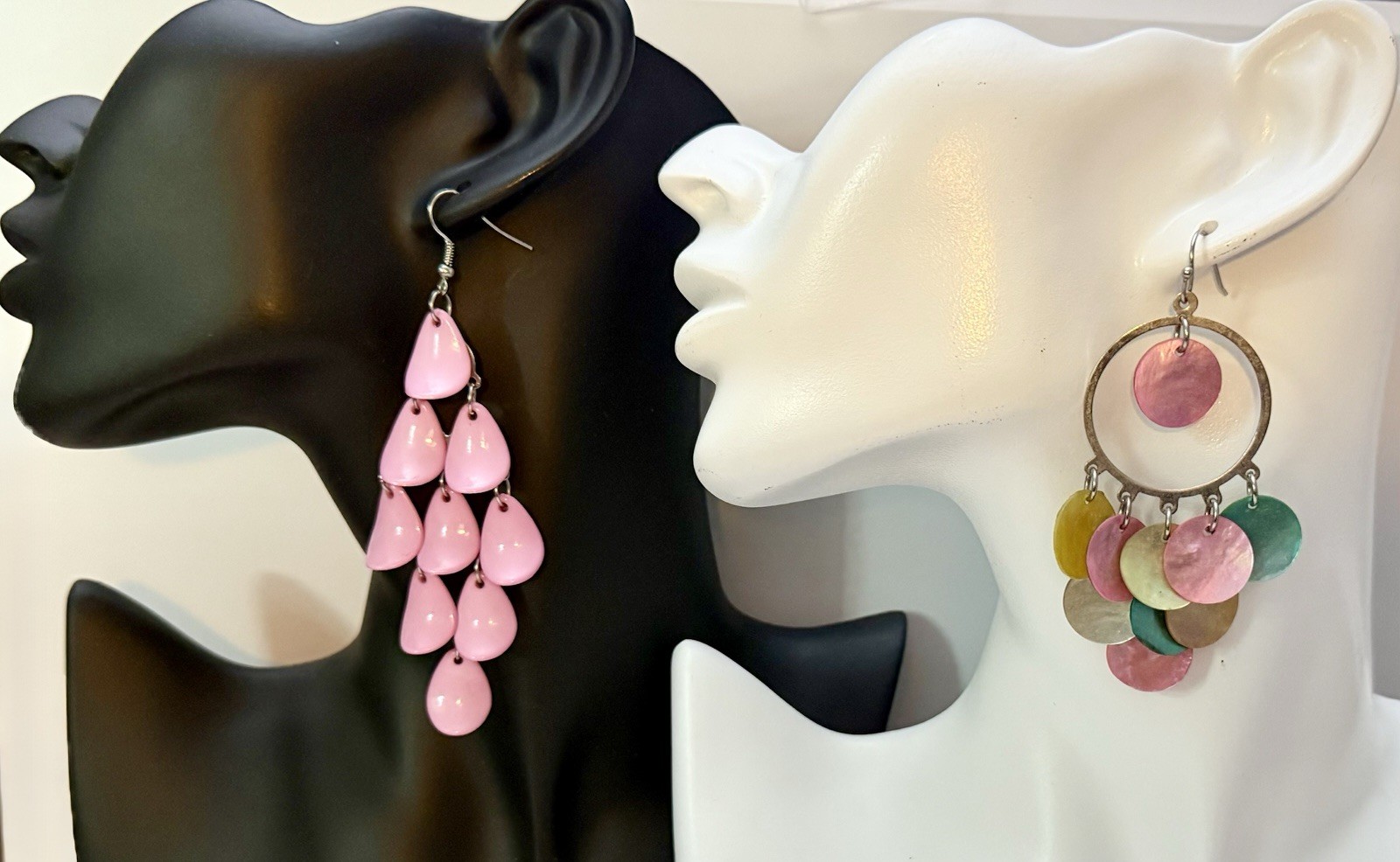 2 Pair Pink Multicolor Chandelier Earrings – Genuine Capiz Mermaid Scale – Boho