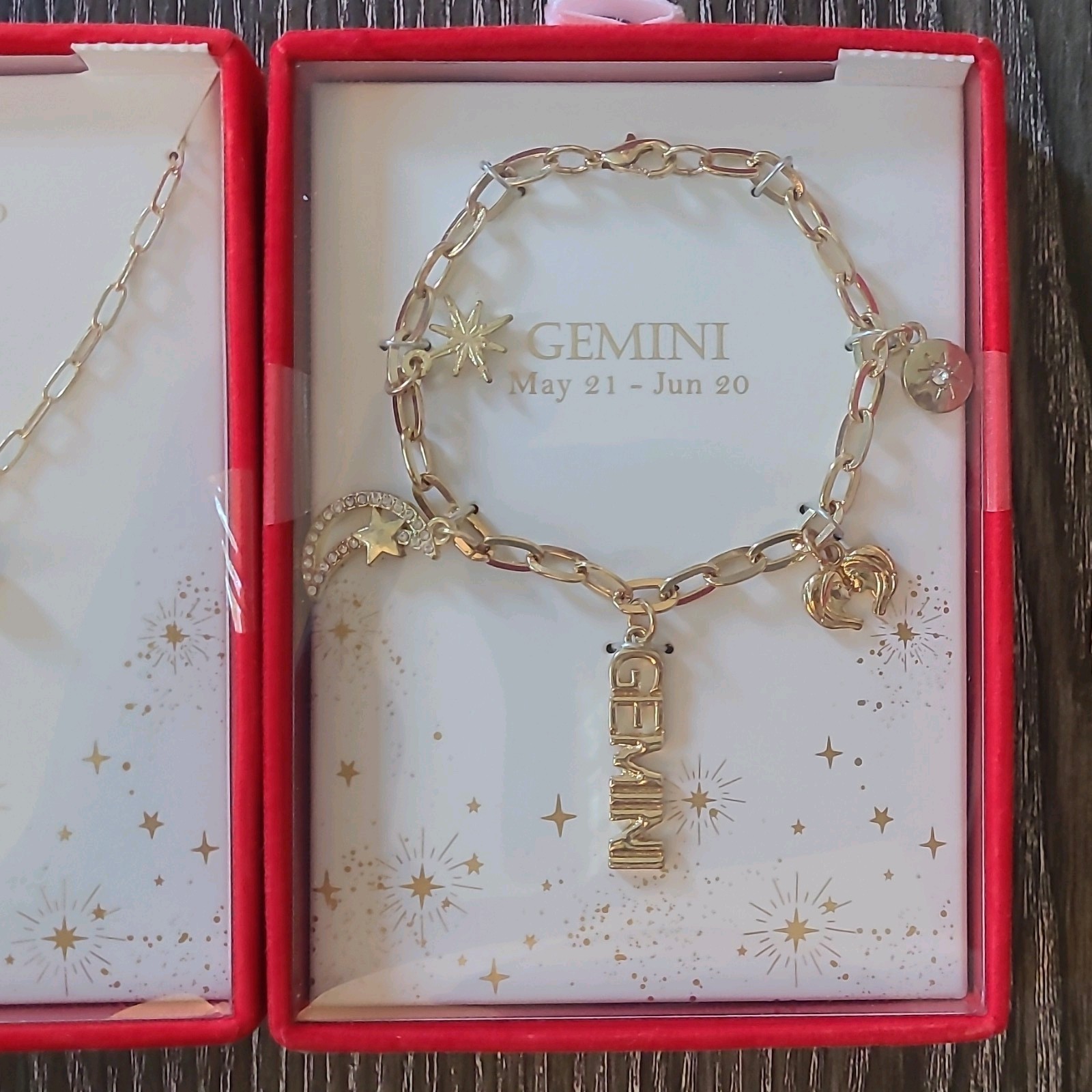 Gemini Zodiac Celestial Gold Tone Metal Jewelry Set Necklace & Bracelet