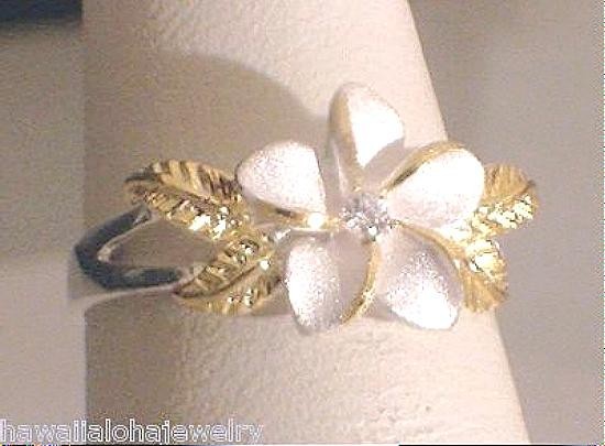 11MM SILVER HAWAIIAN 14K PLUMERIA MAILE CZ RING 5-10.5