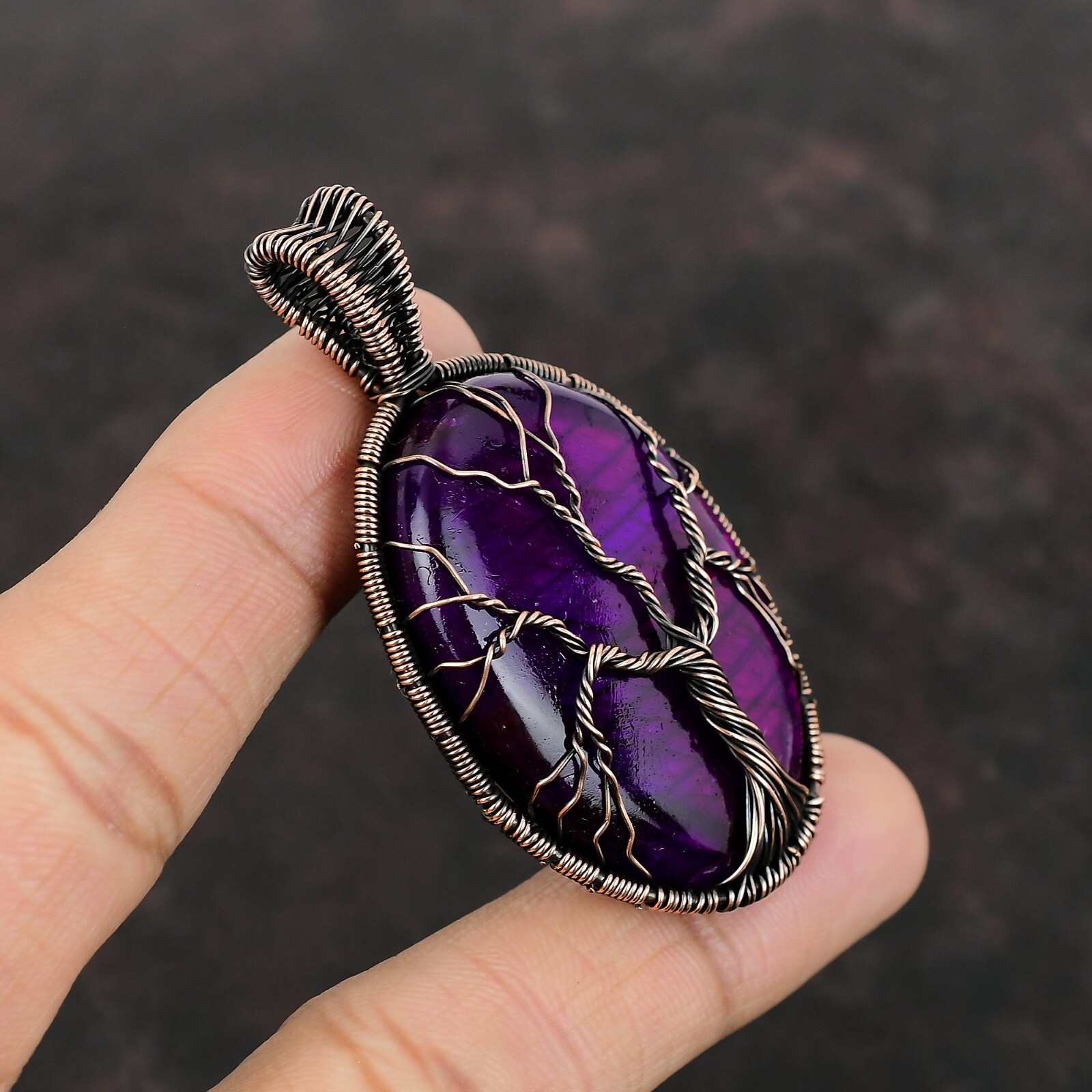 Pink Fire Labradorite Wire Wrapped Tree Of Life Handcrafted Copper Unique 2.56″