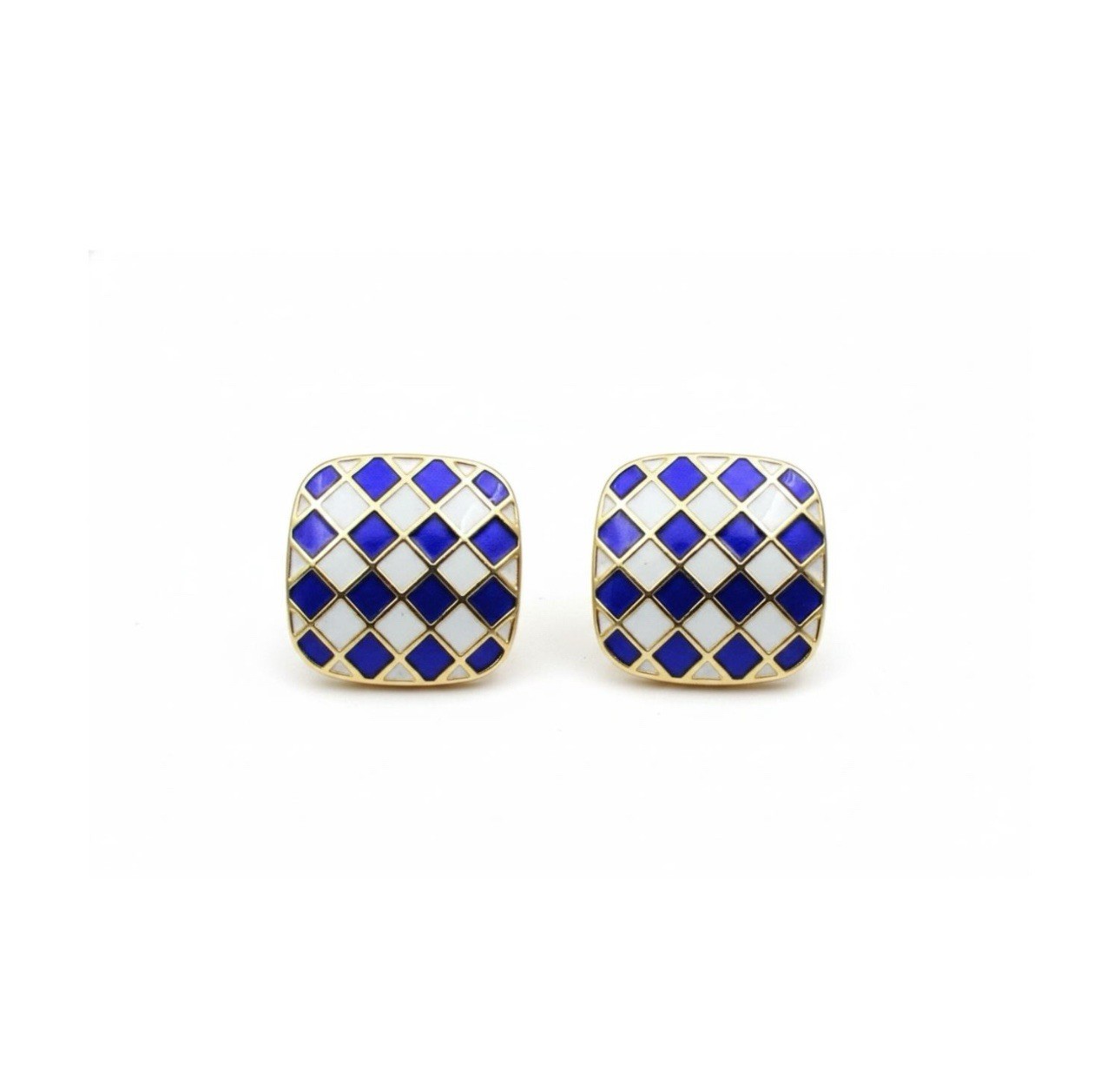 Gold Tone Blue White Checkerboard Enamel Stud Earrings