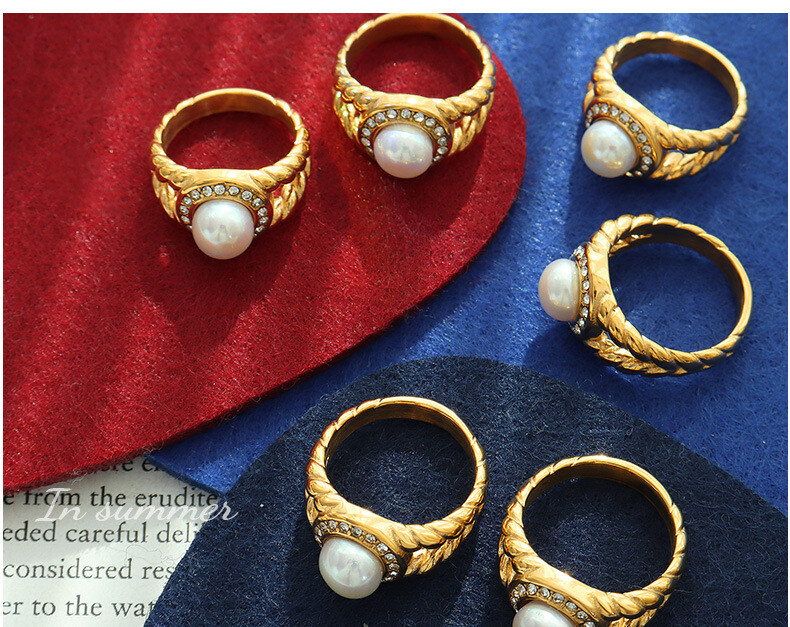 Woman 18k Gold Plated Stainless Steel Freshwater Pearl CZ Band Ring Fashion