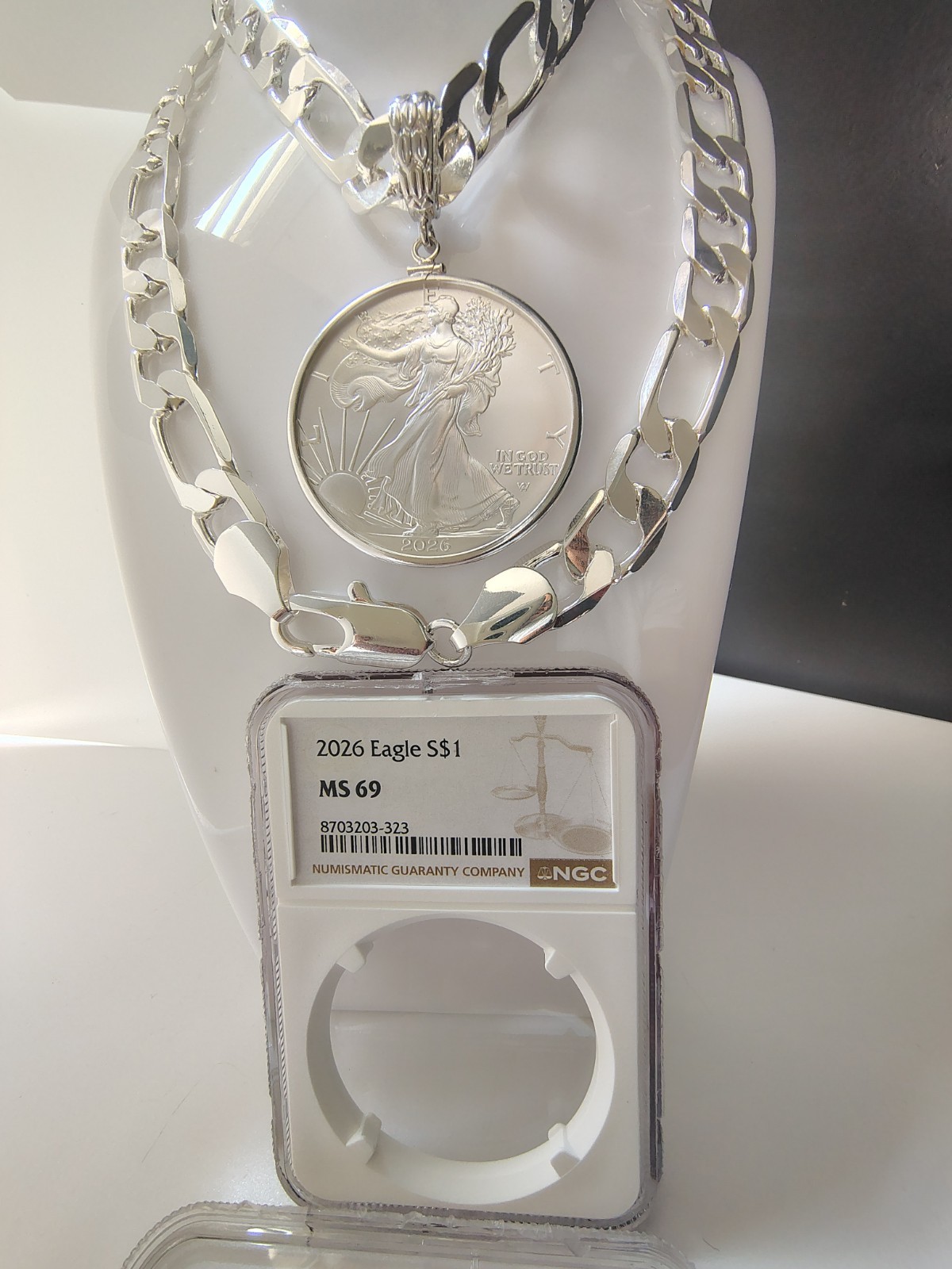 Silver Plated Necklace With Coin 2026 MS 69 Silver American Eagle 1 Oz (26″/12mm