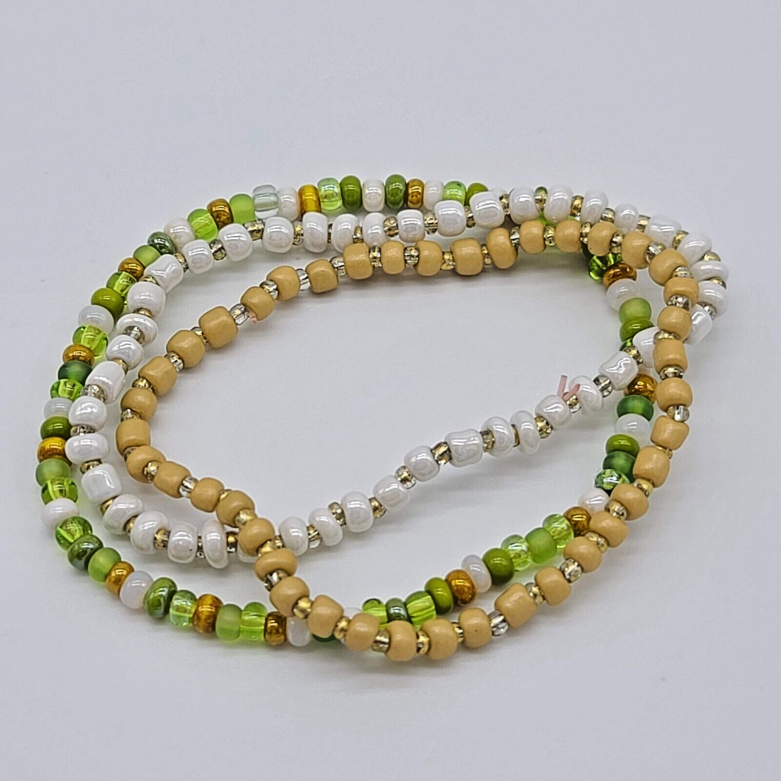 3 Pc Stacking Seed Bead Stretch Bracelet Set, Yellow, Brown, Gold, White, Green