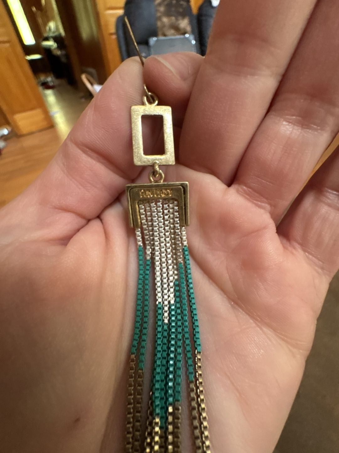 Fun Daisy Rectangle Drop Fringe Chain Earrings in Turquoise and White
