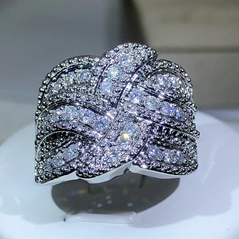 Sterling Silver Band Ring Simulated Zirconia Pave Set Wedding Women Jewelry