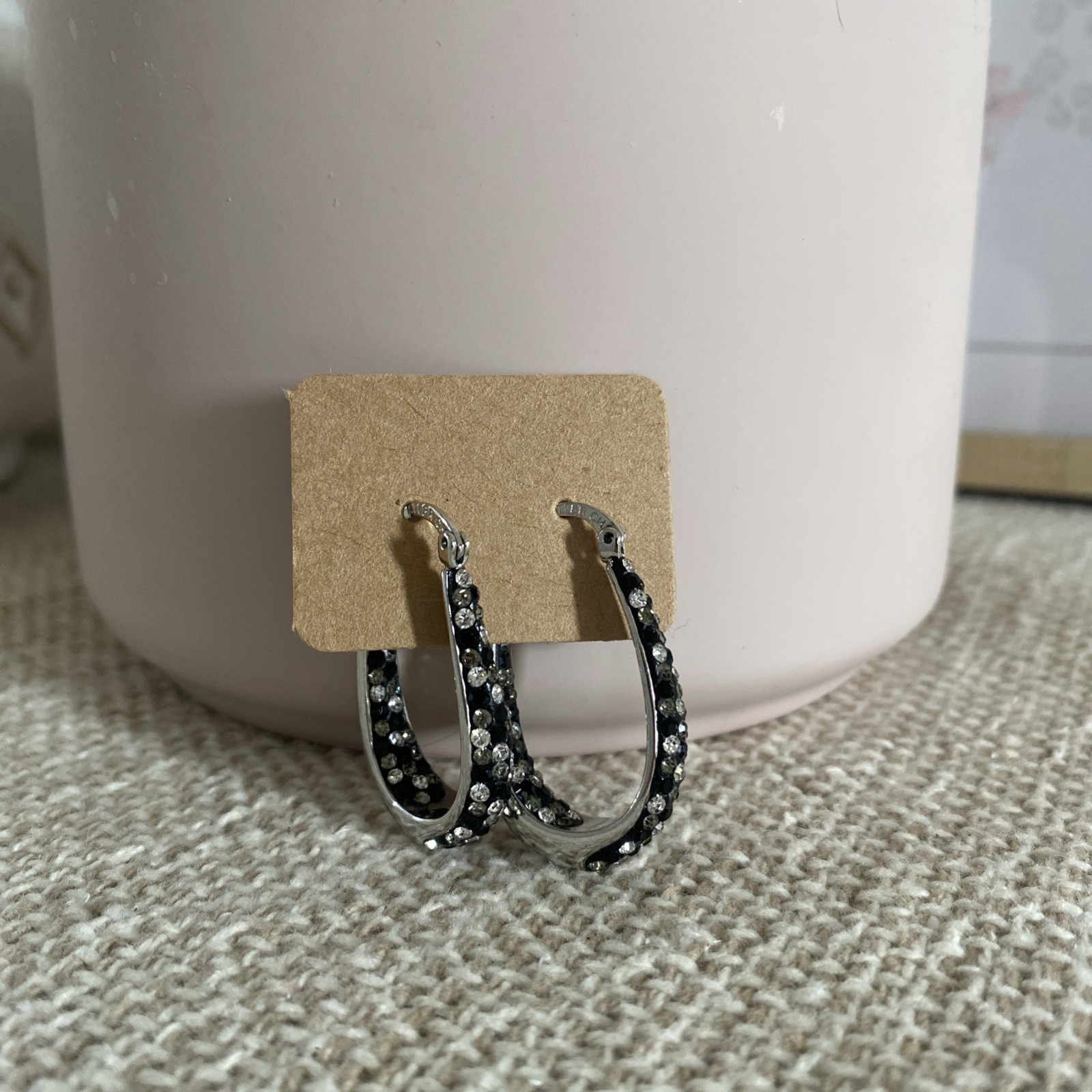ATI BR CH Earrings Silver Black Gray Rhinestones Oval Hoop Dangle Drop Sparkly