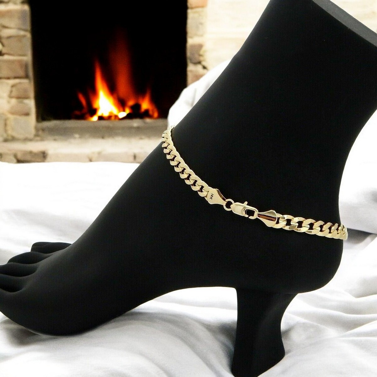 6mm 10″ BRASS ANKLET BRACELET CONCAVE CUBAN LINK CHAIN 14K STAMPED GOLD PLATED