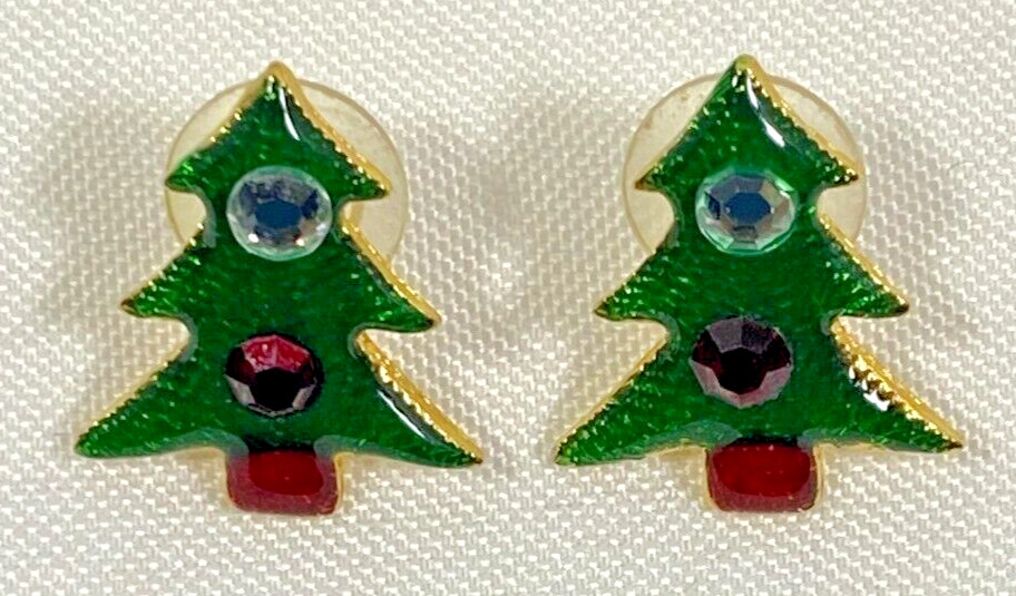 Green and Red Christmas Tree Stud Earrings with Red and Clear Stones Gold Tone