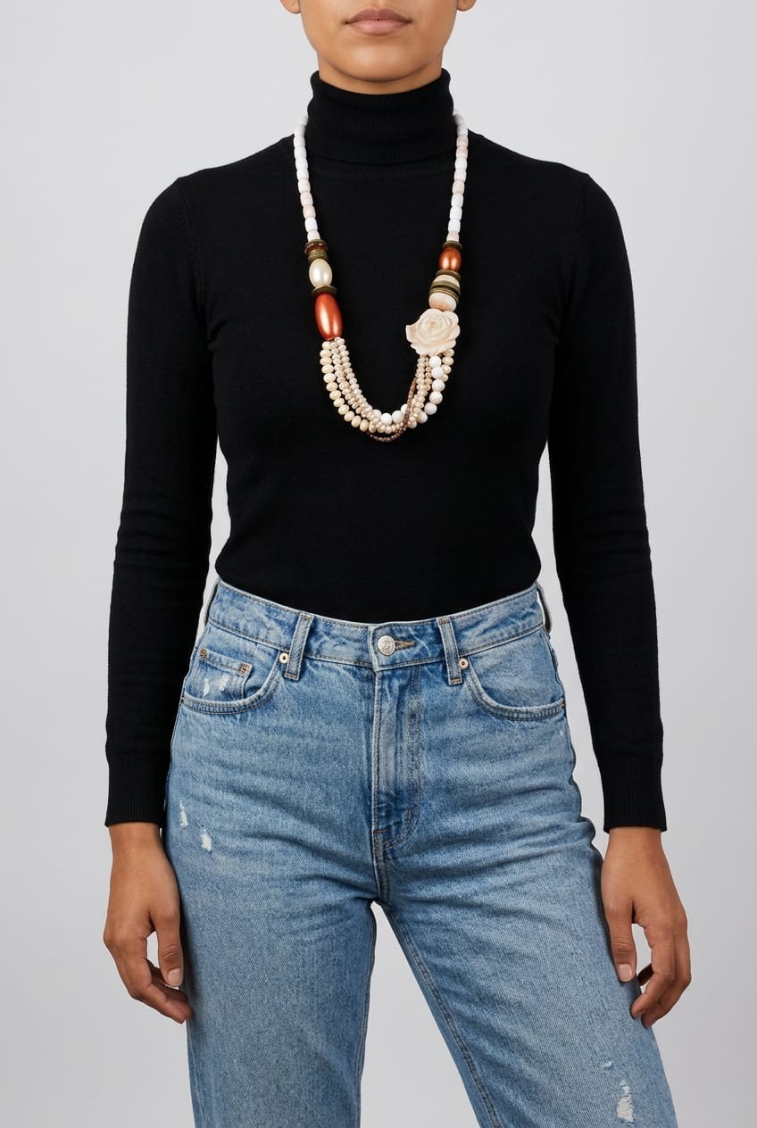 Elegant Layered Beaded Statement Necklace, Floral Accent Fashion Jewelry