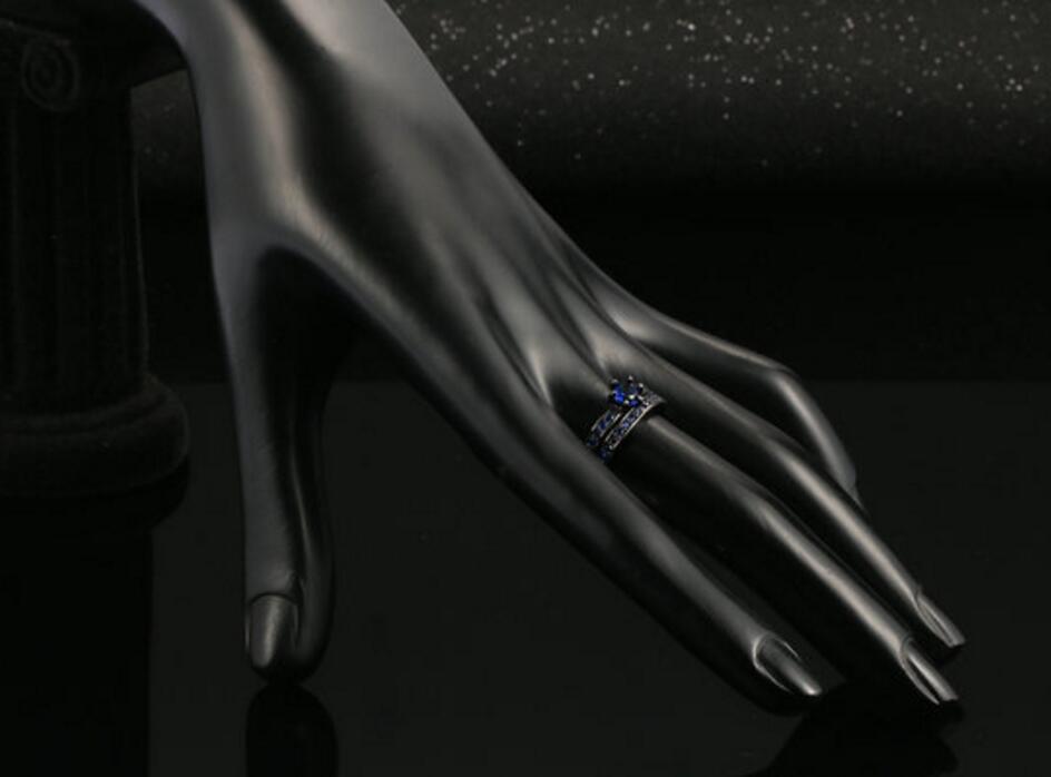 18KGP Black Gold Round Cut AAA Sapphire CZ Engagement Ring Weding Band Set