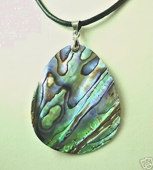 33MM NEW ZEALAND TEAR DROP PAUA ABALONE SHELL PENDANT LEATHER NECKLACE 17.5″