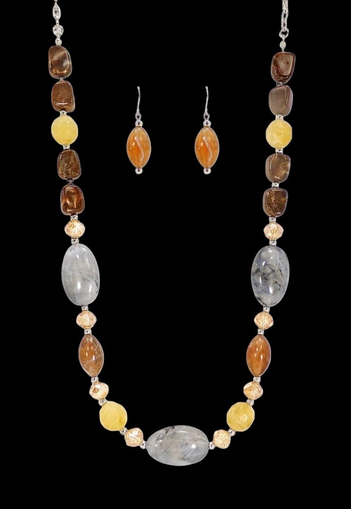 Multicolor Neutral Bead Necklace Earring Set Brown Beige Gray Statement jewelry