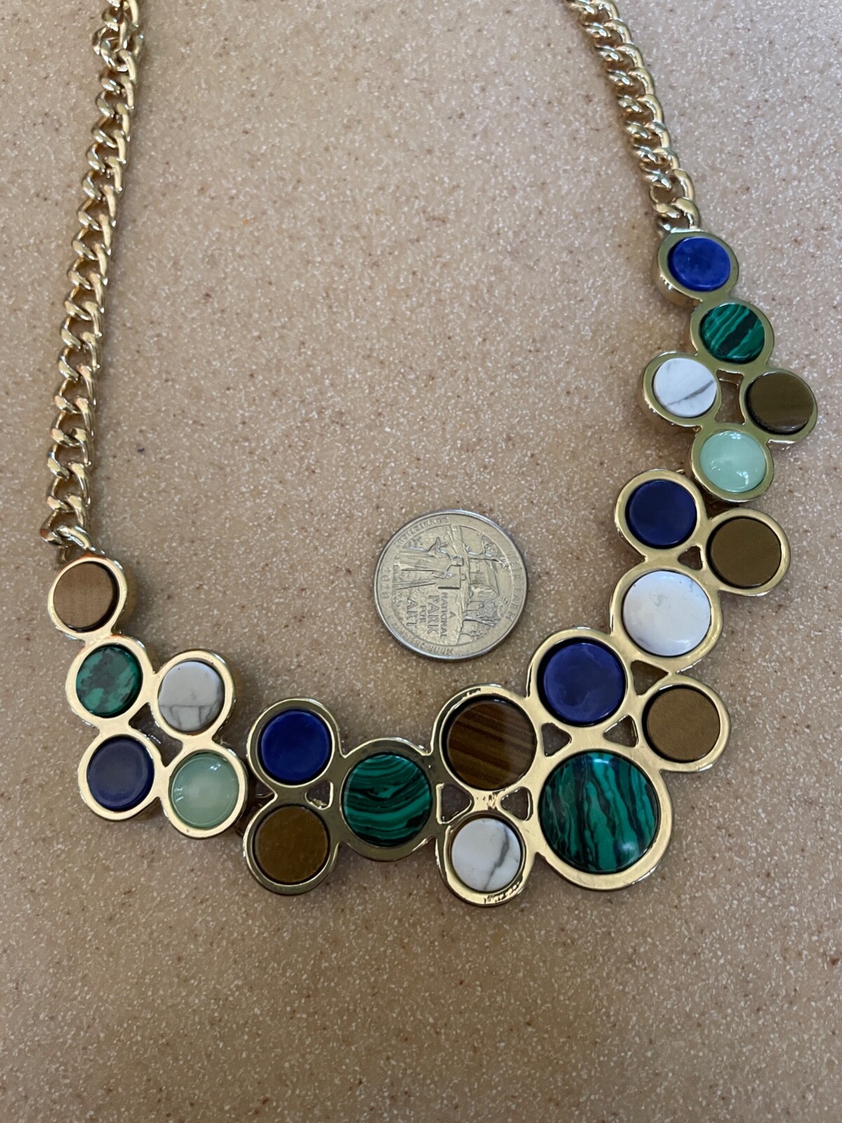 NWT Apt. 9 Statement Necklace Round Semi Precious stone Blue Gold White ME12