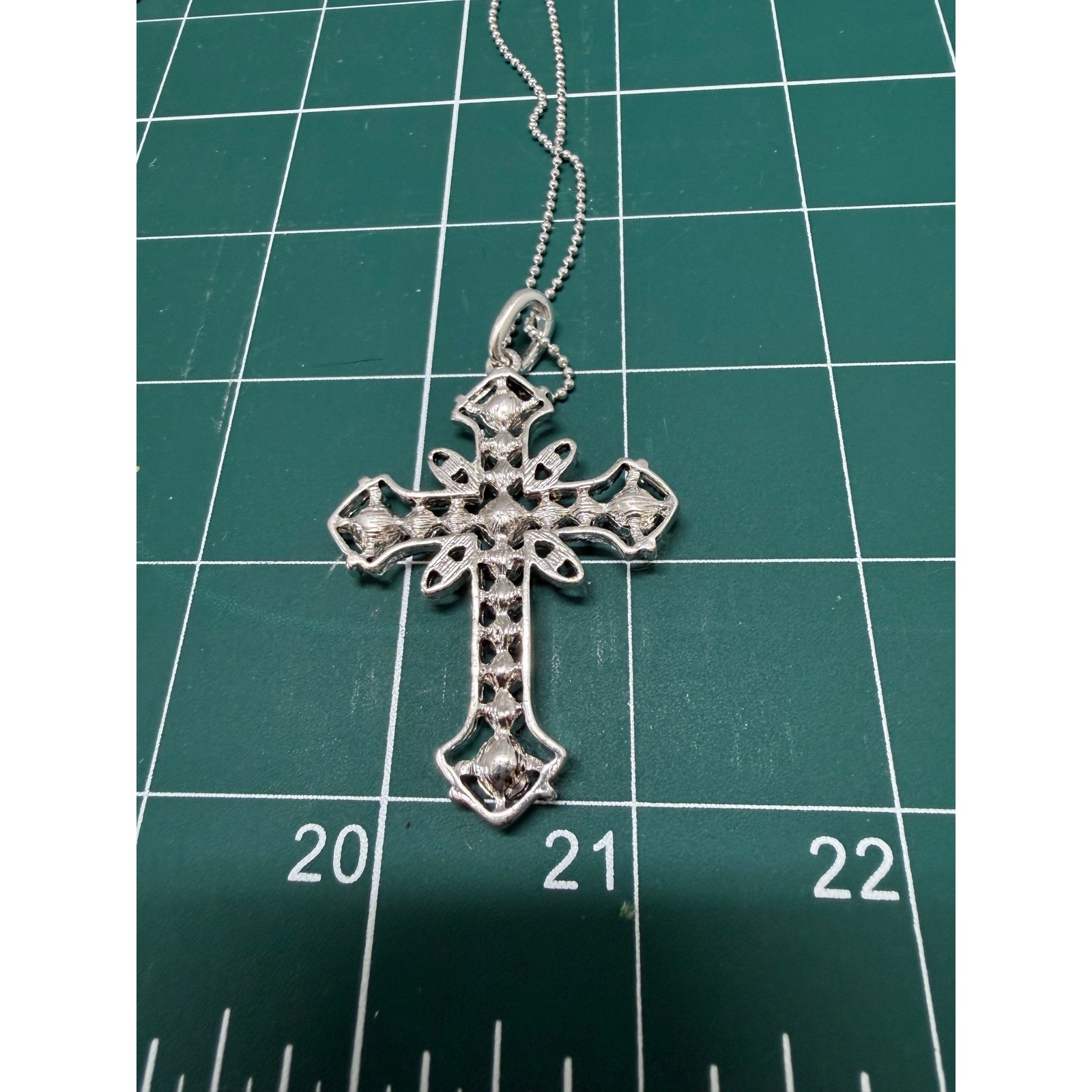 Silver Tone Rhinestone Gothic Cross Pendant Necklace Ball Chain Adjustable 21in