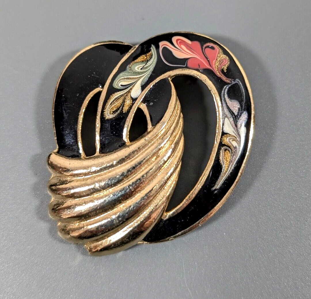 Vintage Retro Black Enamel Pink Green Gold Tone Heart Swirl Brooch Pin