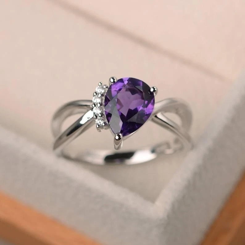 2.30Ct Pear Cut Simulated Amethyst Wedding Stunning Ring 14K White Gold Plated