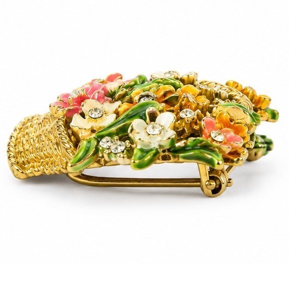 My Fair Lady Vintage Enamel Flower Basket Brooch Gold Tone Rhinestone Boquet Pin