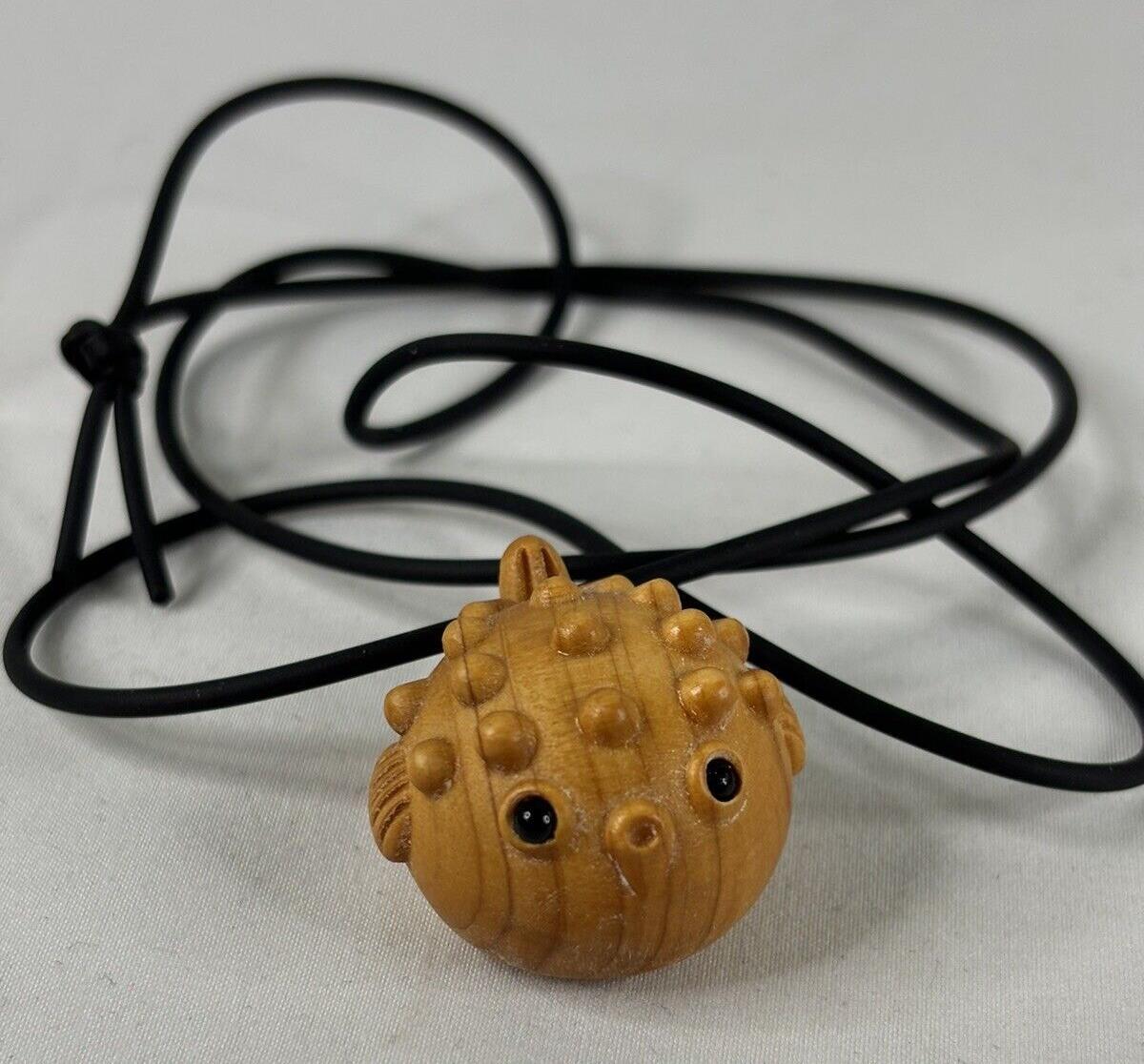 Puffer Fish Tiki Necklace Wood with Black Eyes 1″ Black Cord Surfer Beach Cute