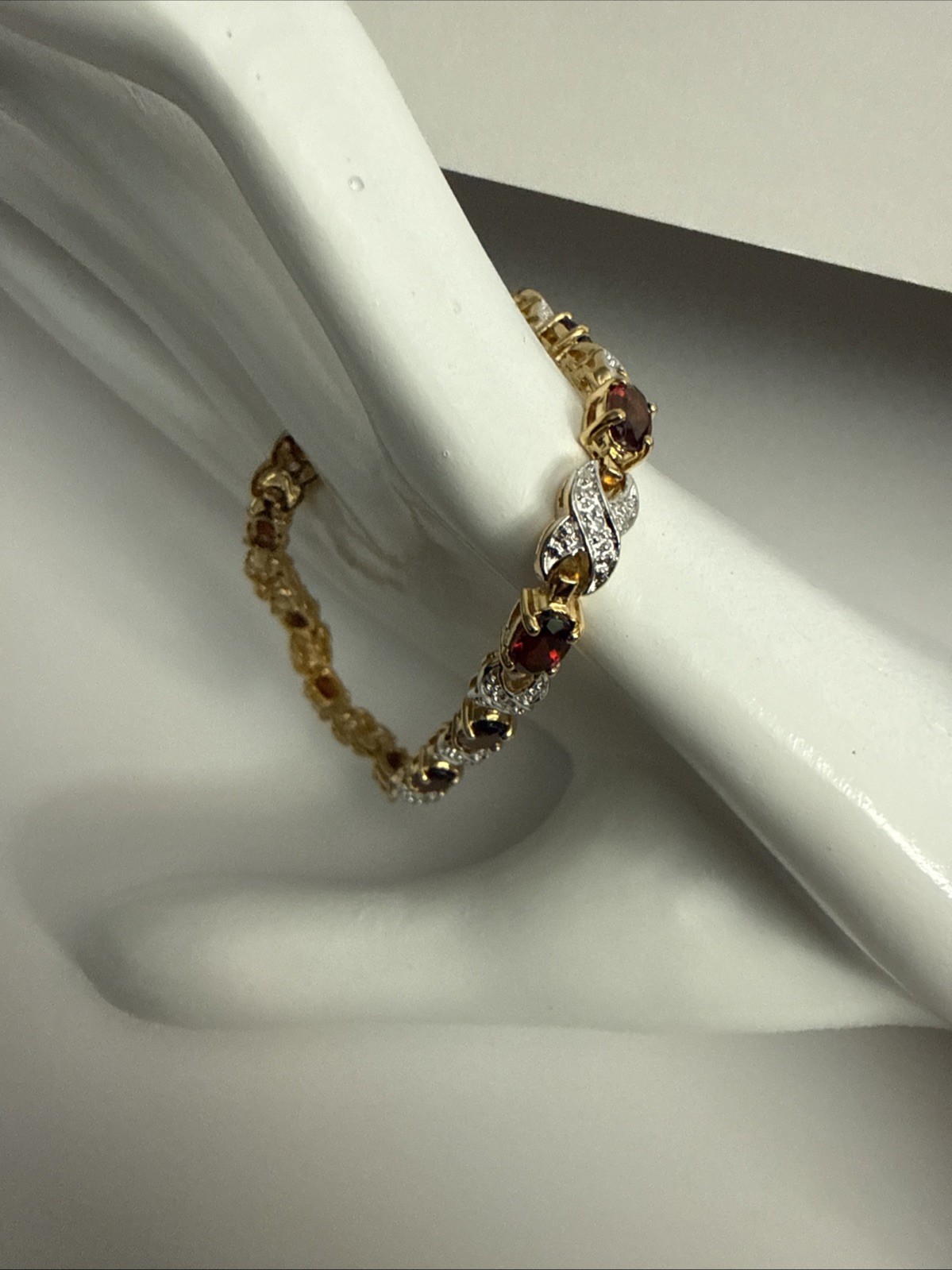 Gold-Tone Bracelet With Marquise Garnet-Colored Stones & Textured Links